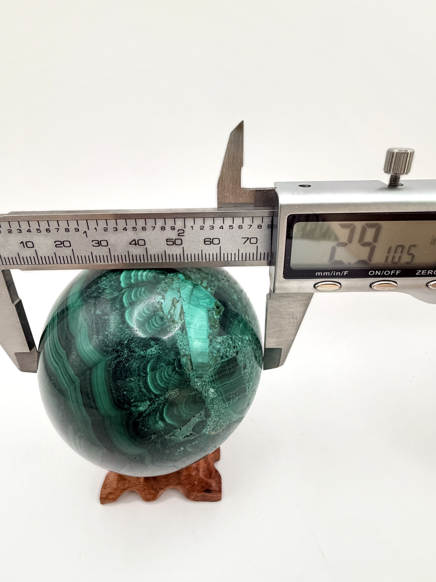 Malachite Sphere with Carved Wood Stand — Genuine Banded Green Malachite Crystal Ball, 2.9 Inches, 1.7 lb
