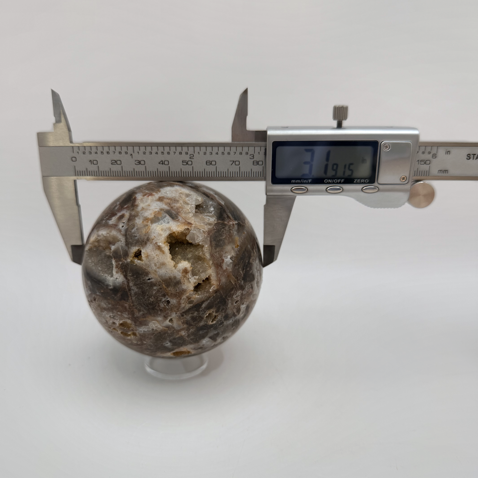 Chocolate Agate Geode Sphere with Two Druzy Caves, 3 Inch Polished Banded Crystal Ball, Sparkling Na