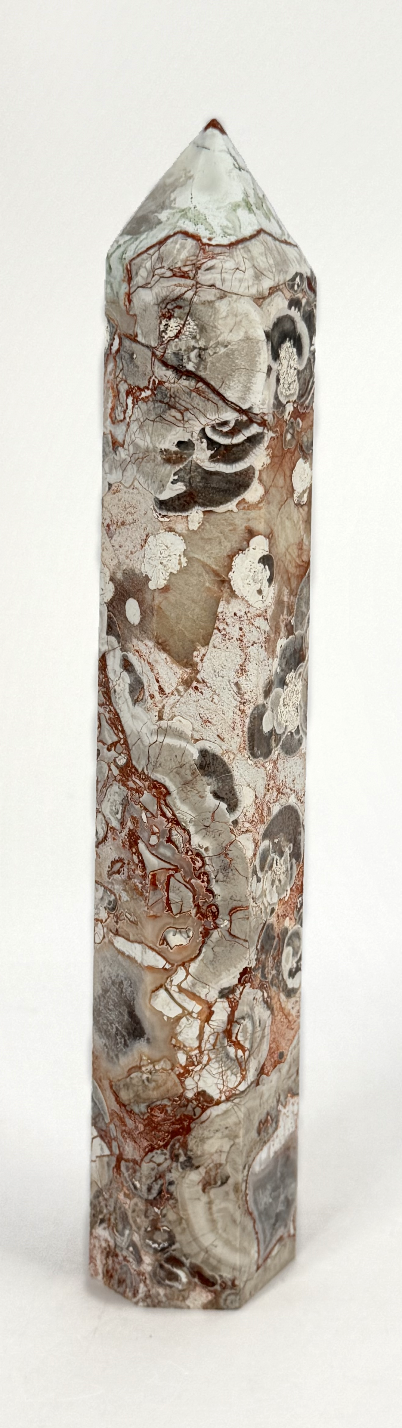 Money Agate Tower, Red and Cream Brecciated Agate Crystal Point, 9 Inch Polished Obelisk with Orbicular Eyes