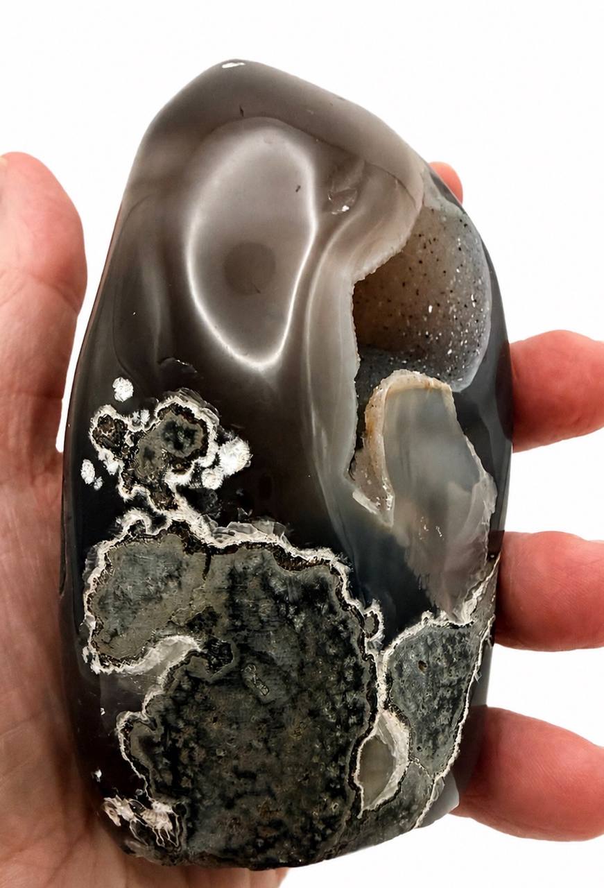 Grey and Brown Agate Freeform with Druzy Quartz Geode