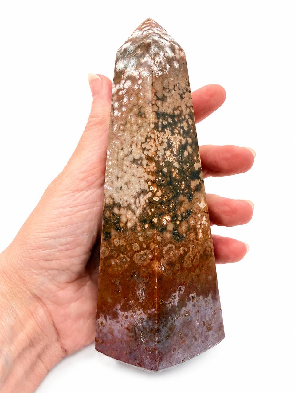 Ocean Jasper Tower held in hand showing scale