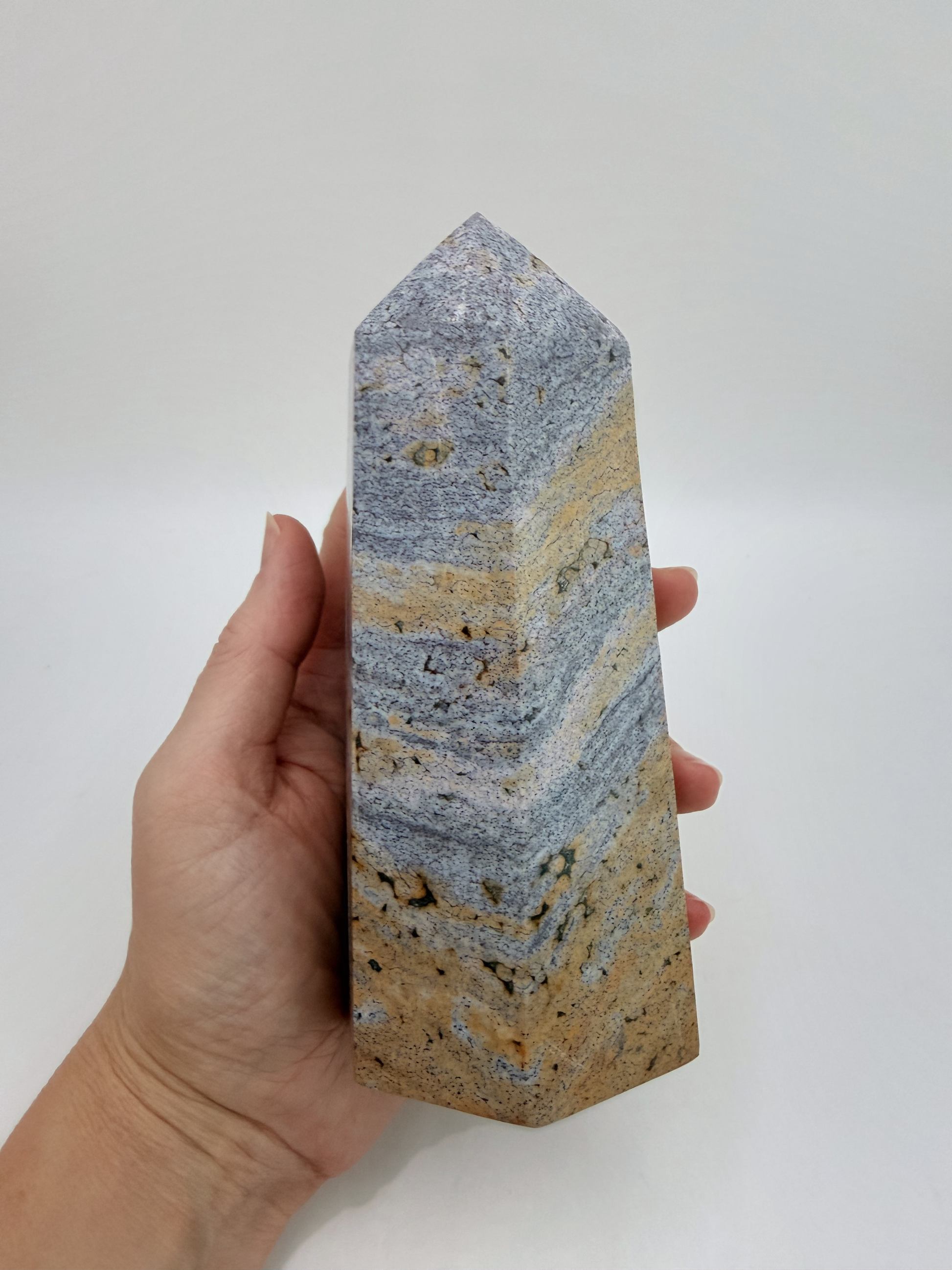 Blue and Tan Banded Jasper Tower, 6 Inch Polished Stone Obelisk in Sand and Soft Blue, 2 Pound State