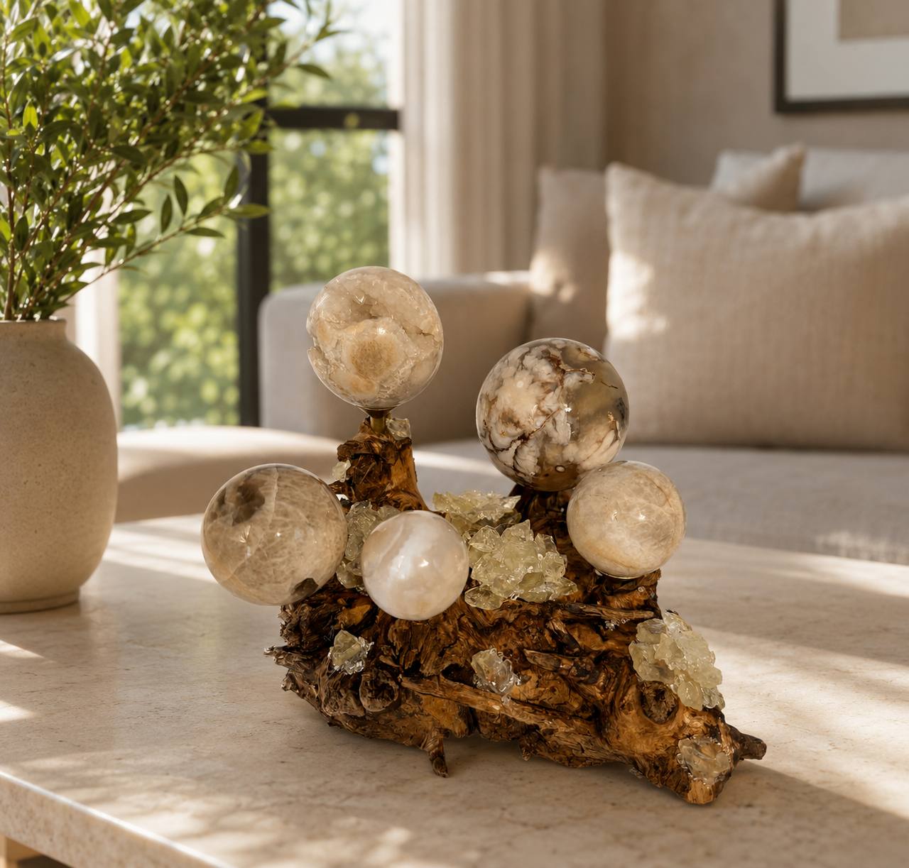 Yellow Fluorite Crystal Sphere Display | Natural Driftwood Base | 5 Brass Holders