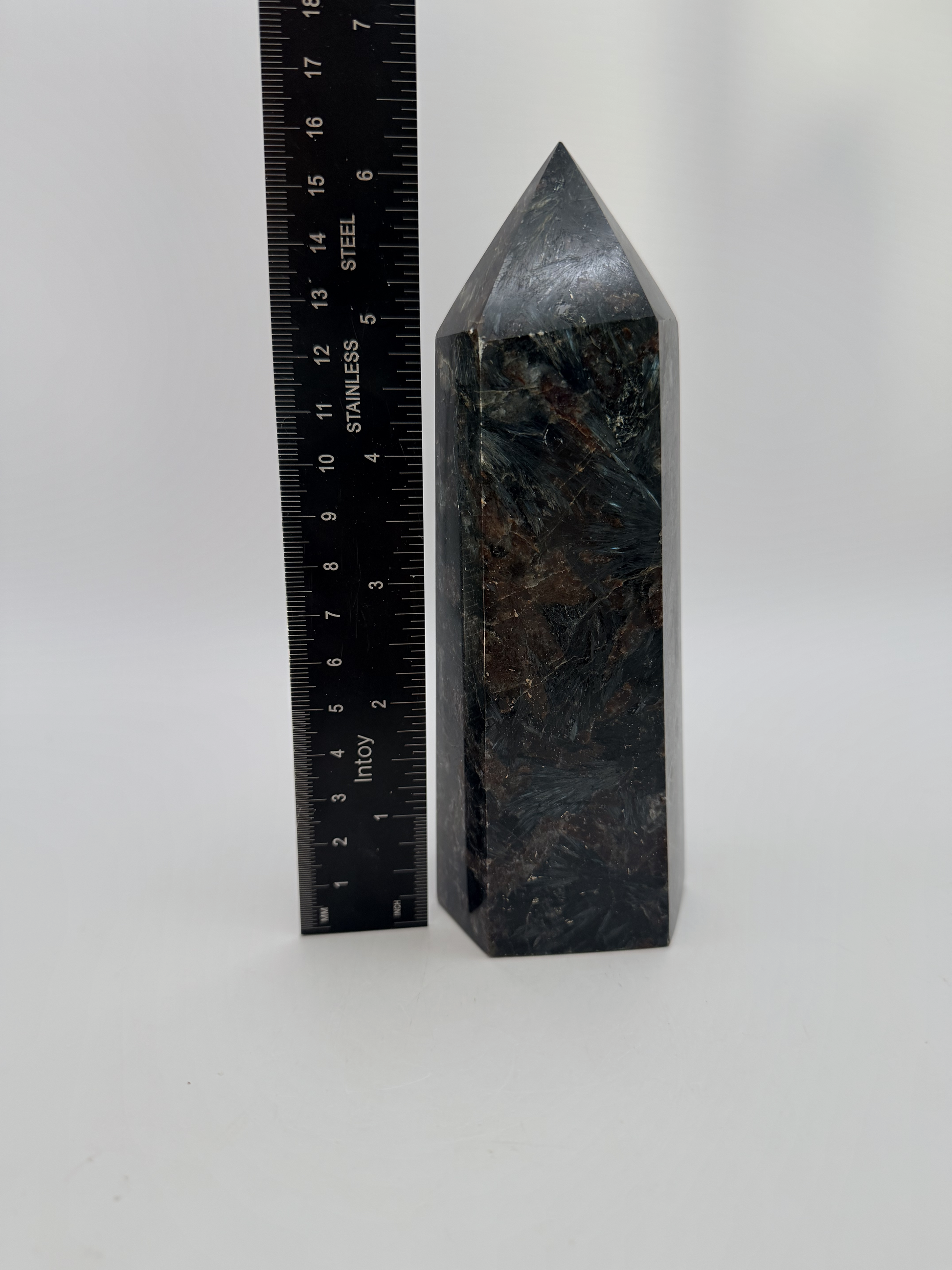 Arfvedsonite Tower with Garnet, Firework Stone Obelisk with Silver Blue Flash, 1.7 Pound Polished Cr