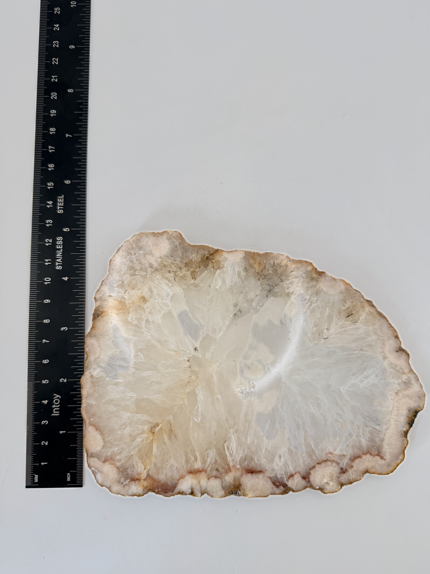 White Quartz Geode Slice with Druzy Rim, 5 Inch Polished Agate Slab on Stand, Radiating Crystal Cent