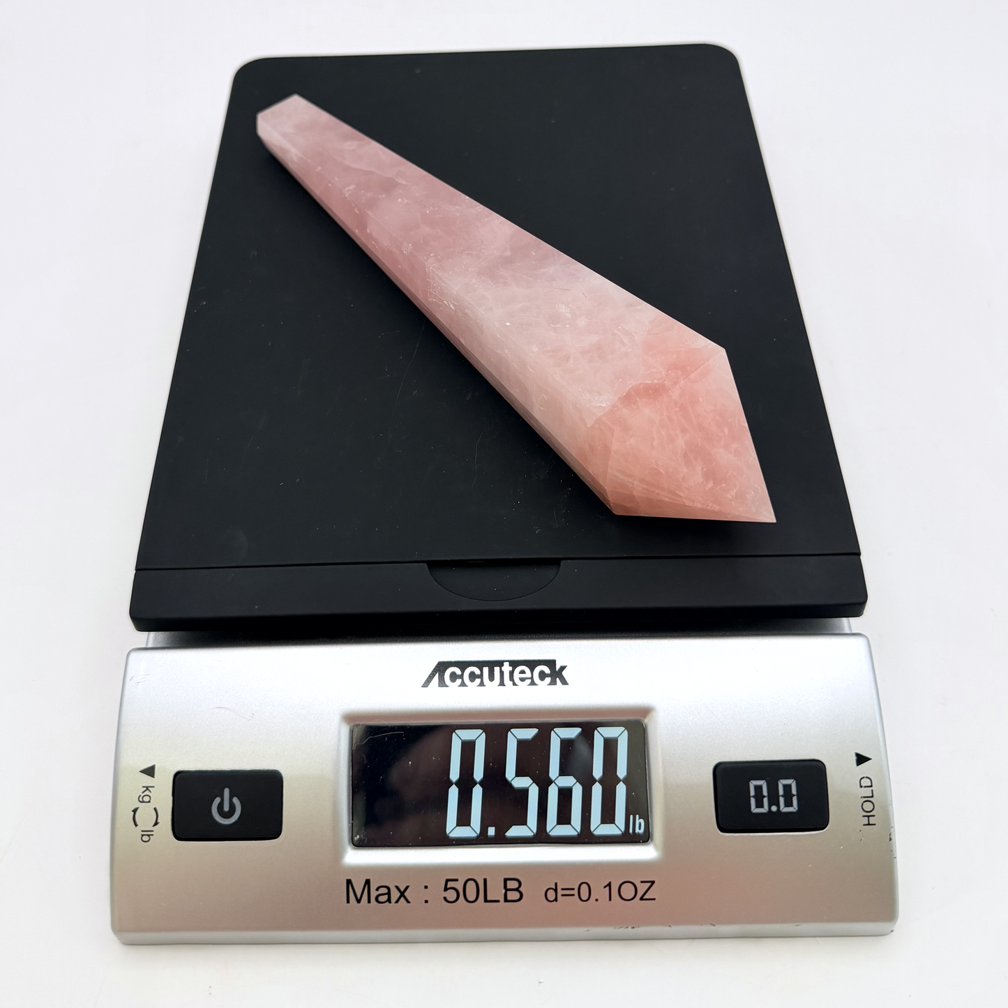 Rose Quartz Wand with Stand — Faceted Pink Quartz Point, 7.5 Inch Polished Crystal Wand