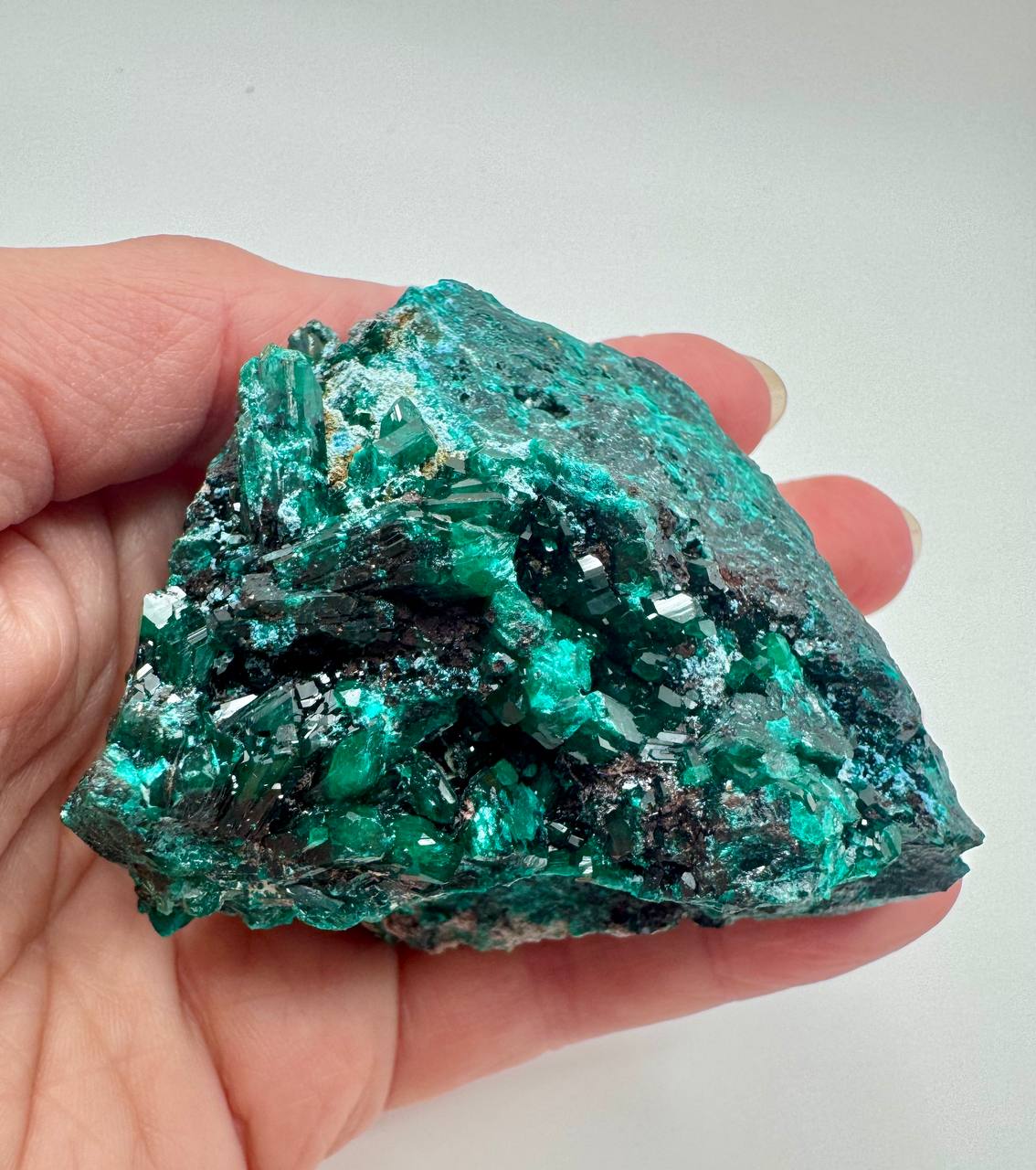 Dioptase crystal specimen top view showing crystal formations