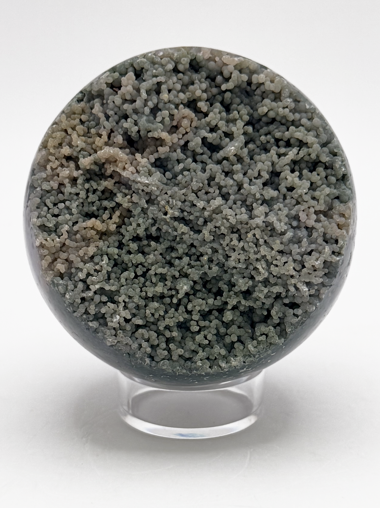Ocean jasper sphere with raw druzy pocket, green orbicular crystal ball