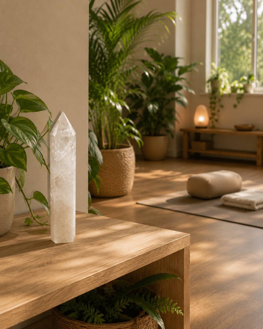 Clear quartz tower, 8.5 inch crystal obelisk with milky base