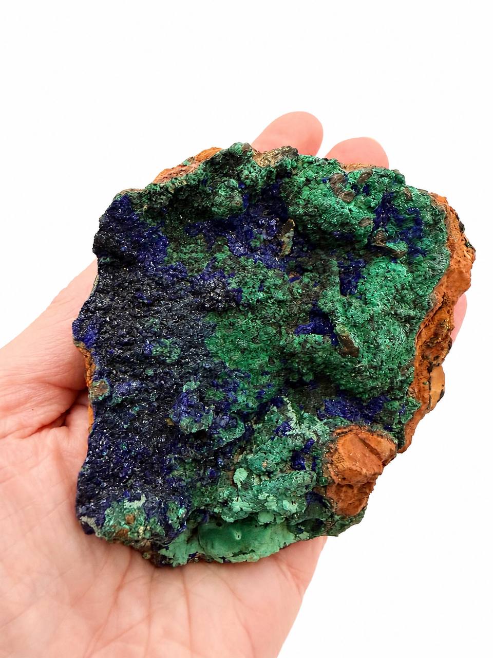 Azurite malachite specimen, royal blue and green copper minerals on custom pin stand