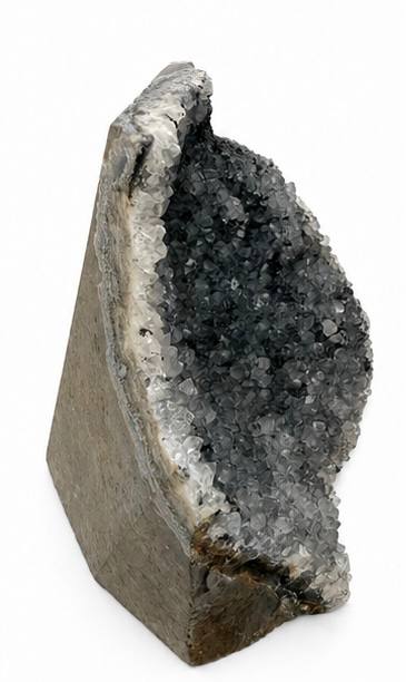 Black amethyst druzy cluster, self standing, charcoal grey crystals with white rim
