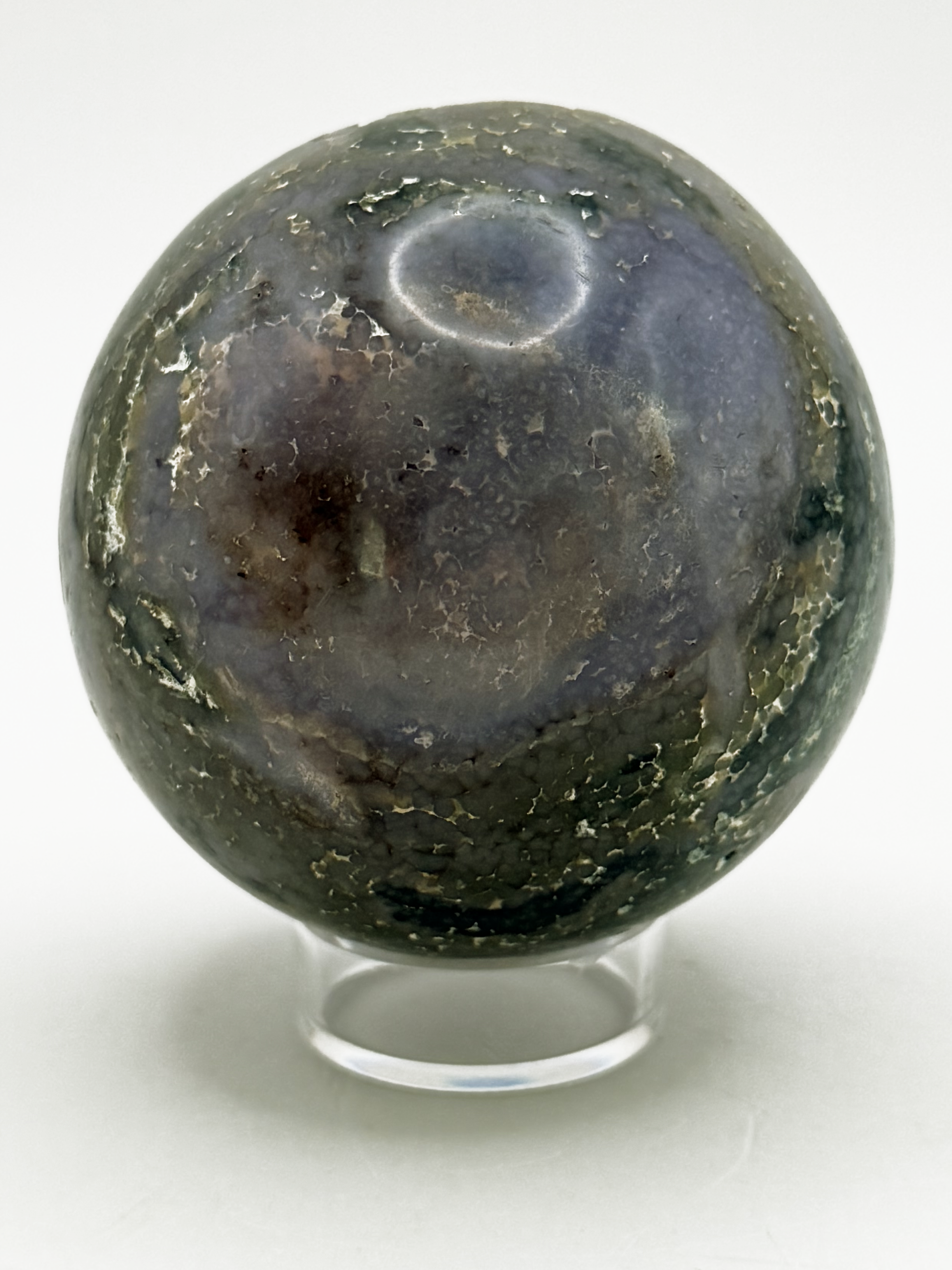 Ocean jasper sphere with raw druzy pocket, green orbicular crystal ball