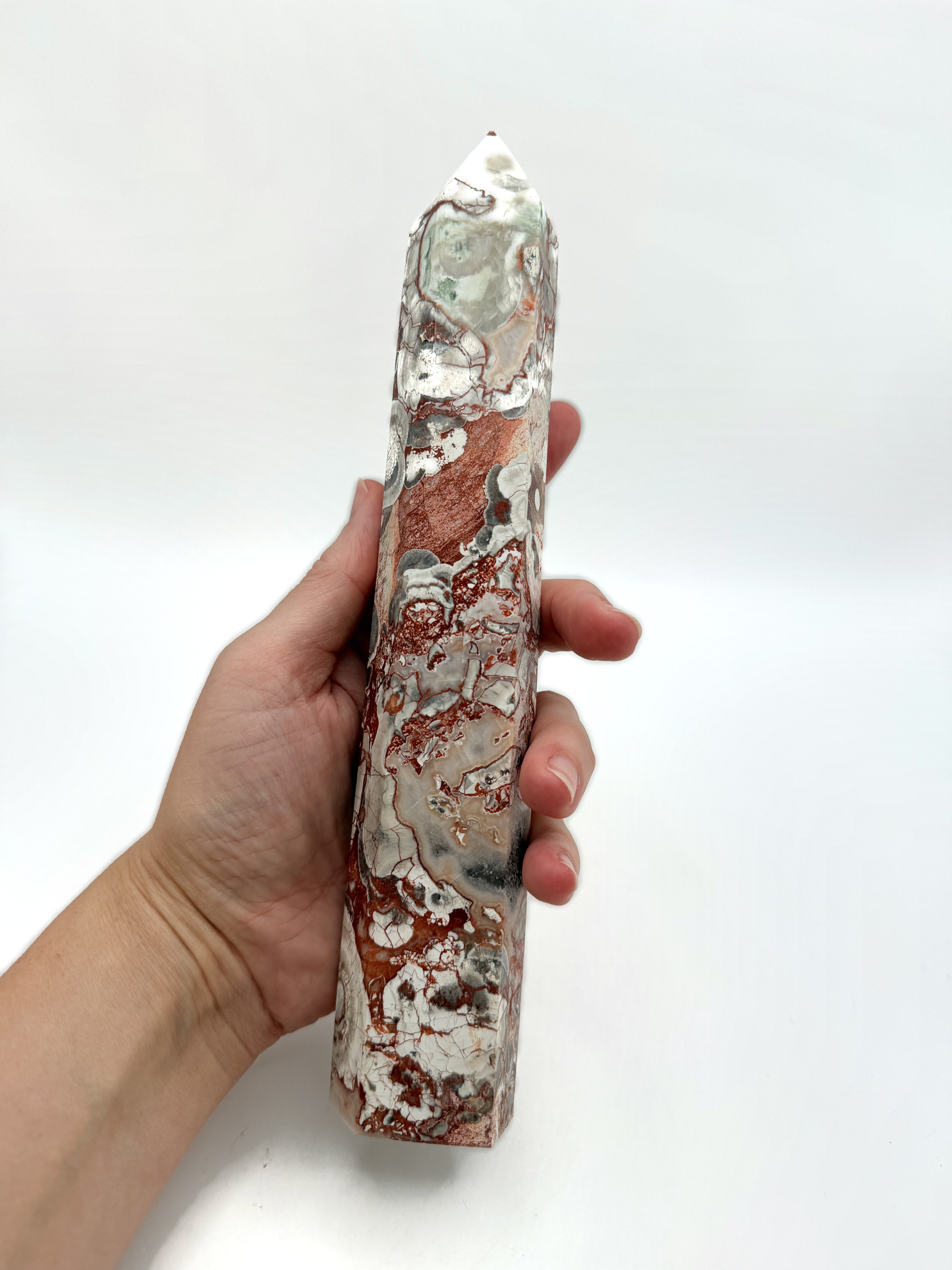 Money Agate Tower, Red and Cream Brecciated Agate Crystal Point, 9 Inch Polished Obelisk with Orbicular Eyes