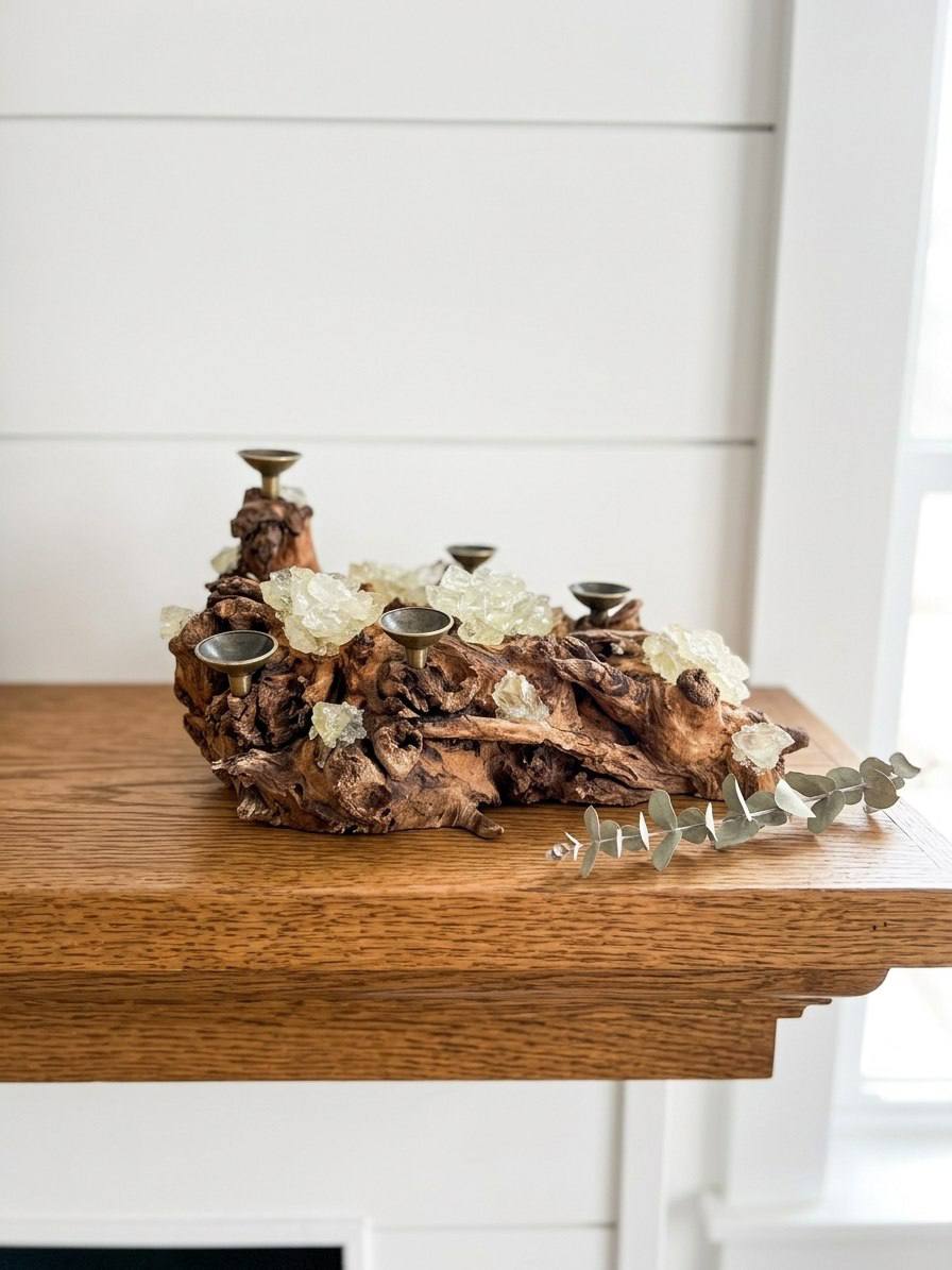 Yellow Fluorite Crystal Sphere Display | Natural Driftwood Base | 5 Brass Holders
