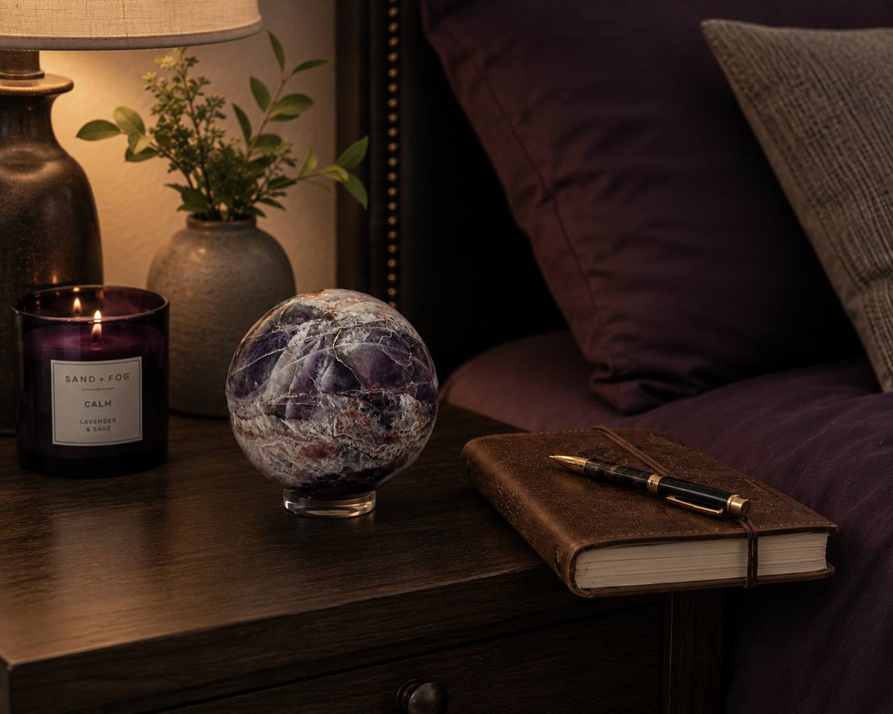 Chevron Amethyst Sphere with Stand. Polished Dream Amethyst Crystal Ball, 2 Inch, 1 lb 5 oz