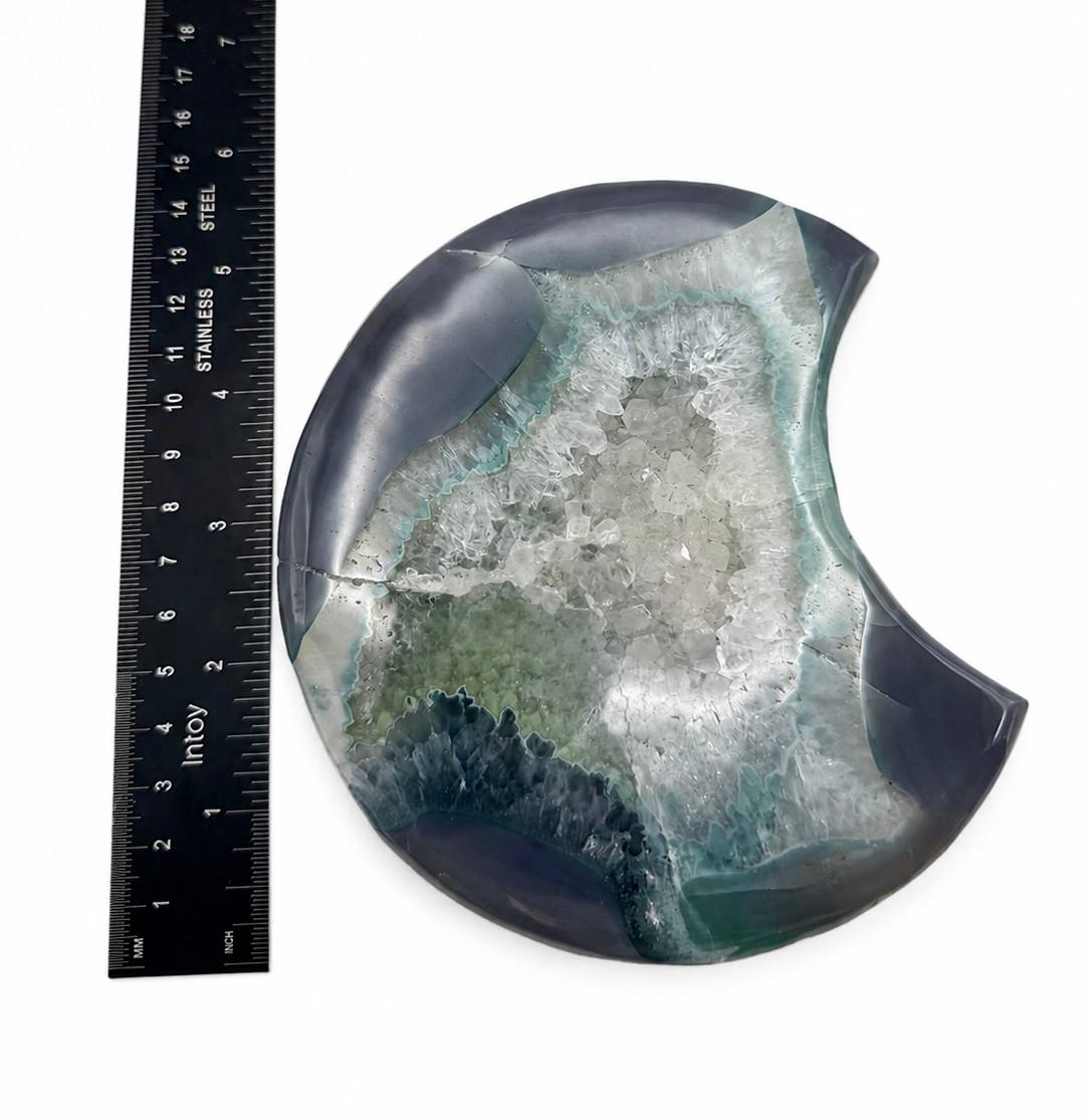 Blue Agate Crescent Moon with Druzy Quartz Center