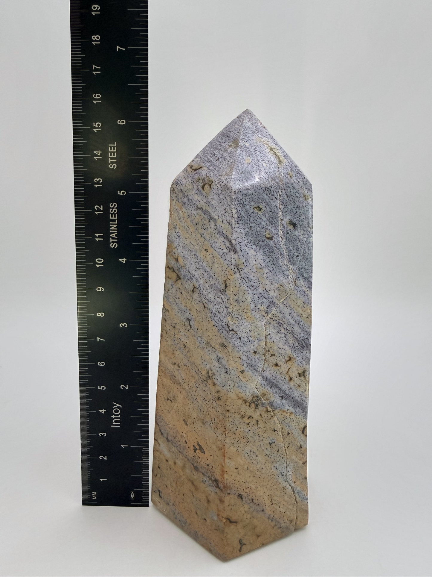 Blue and Tan Banded Jasper Tower, 6 Inch Polished Stone Obelisk in Sand and Soft Blue, 2 Pound State