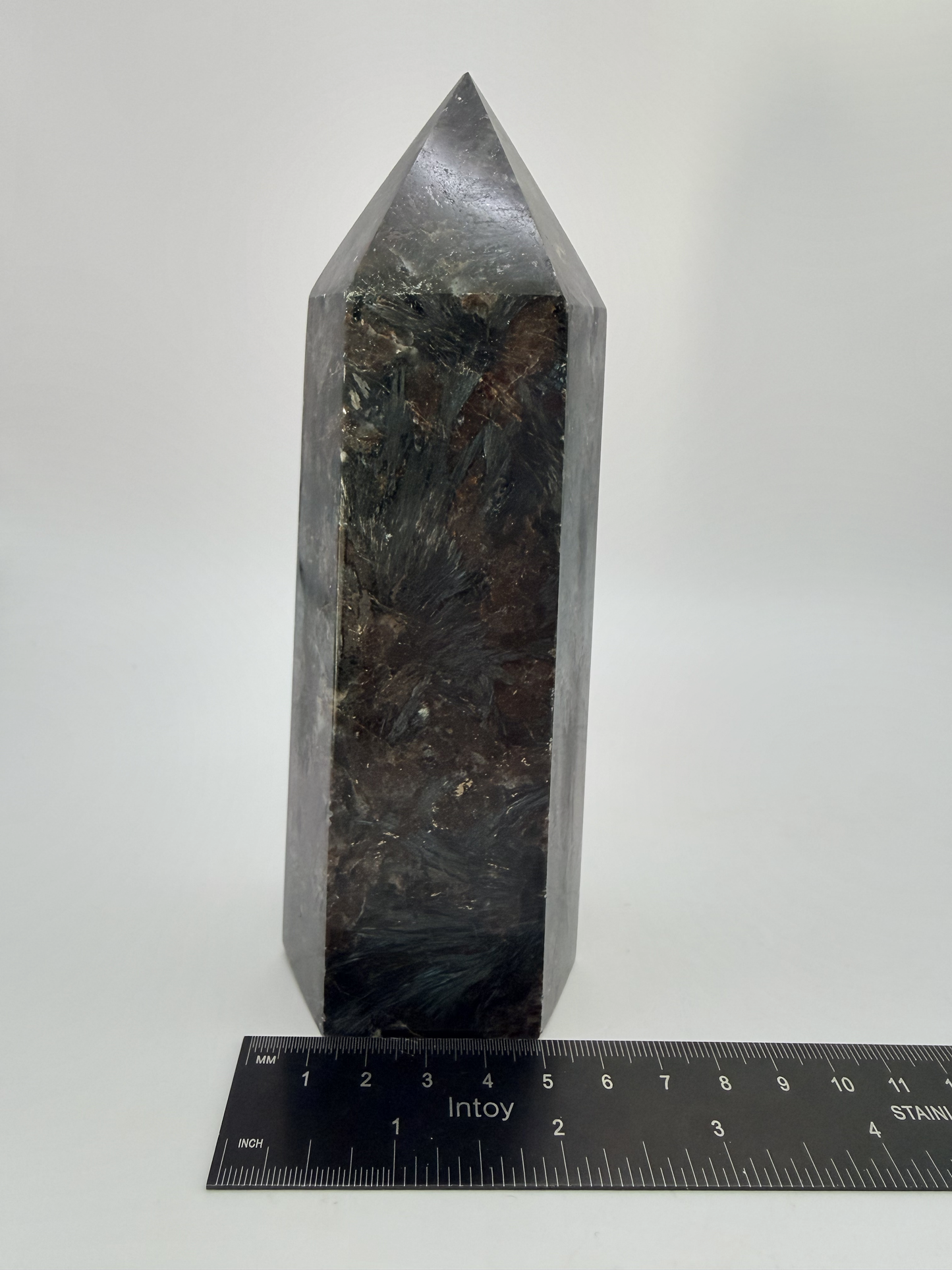 Arfvedsonite Tower with Garnet, Firework Stone Obelisk with Silver Blue Flash, 1.7 Pound Polished Cr