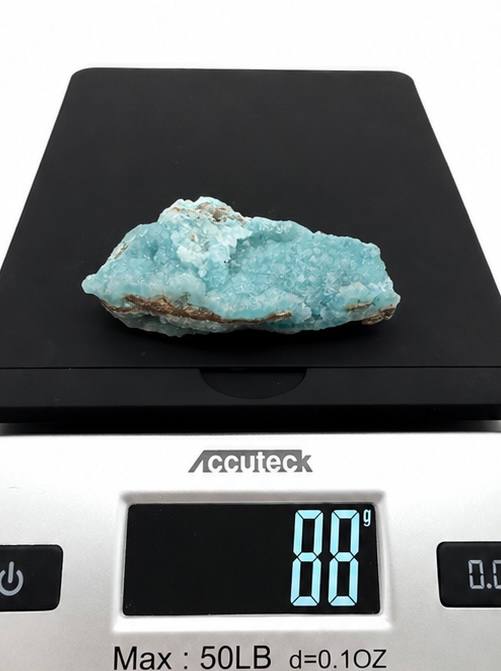 Blue Hemimorphite Crystal Cluster, weight 88 grams on scale