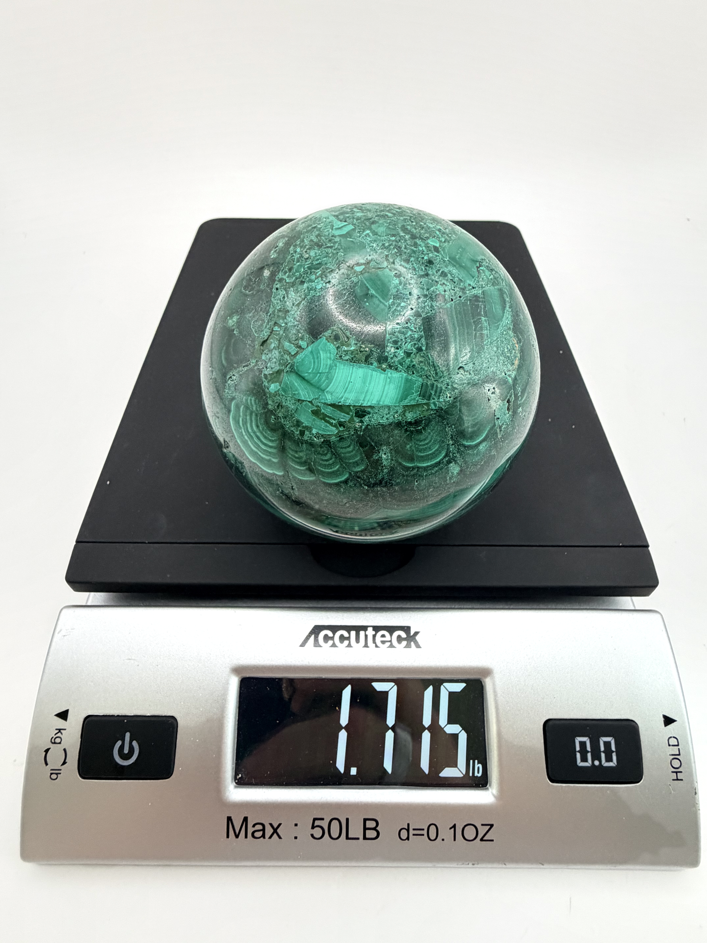 Malachite Sphere with Carved Wood Stand — Genuine Banded Green Malachite Crystal Ball, 2.9 Inches, 1.7 lb