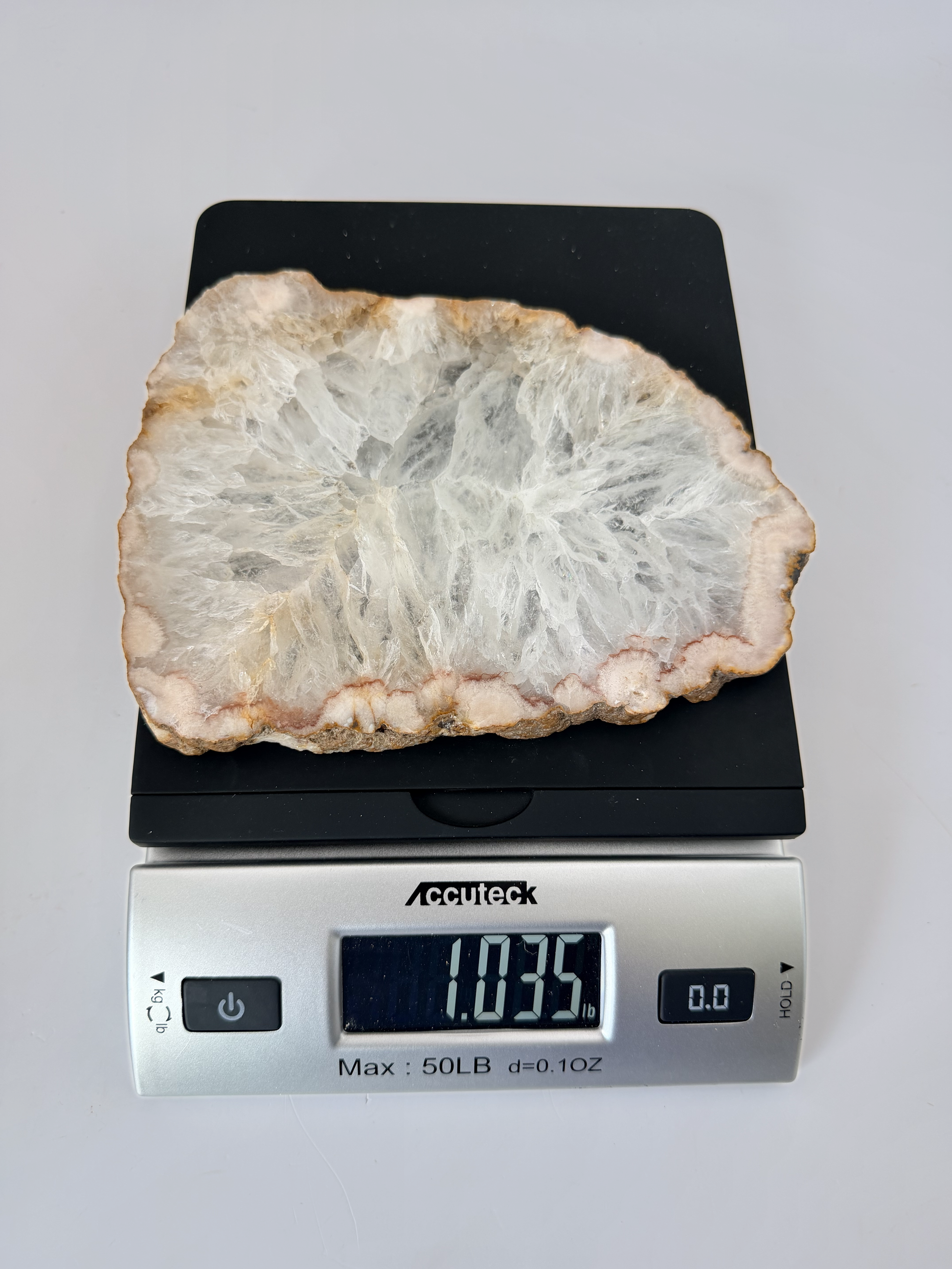 White Quartz Geode Slice with Druzy Rim, 5 Inch Polished Agate Slab on Stand, Radiating Crystal Cent