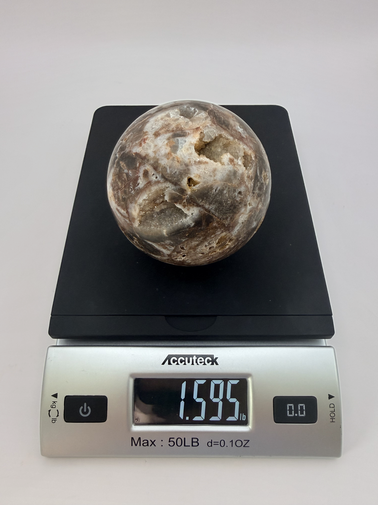Chocolate Agate Geode Sphere with Two Druzy Caves, 3 Inch Polished Banded Crystal Ball, Sparkling Na
