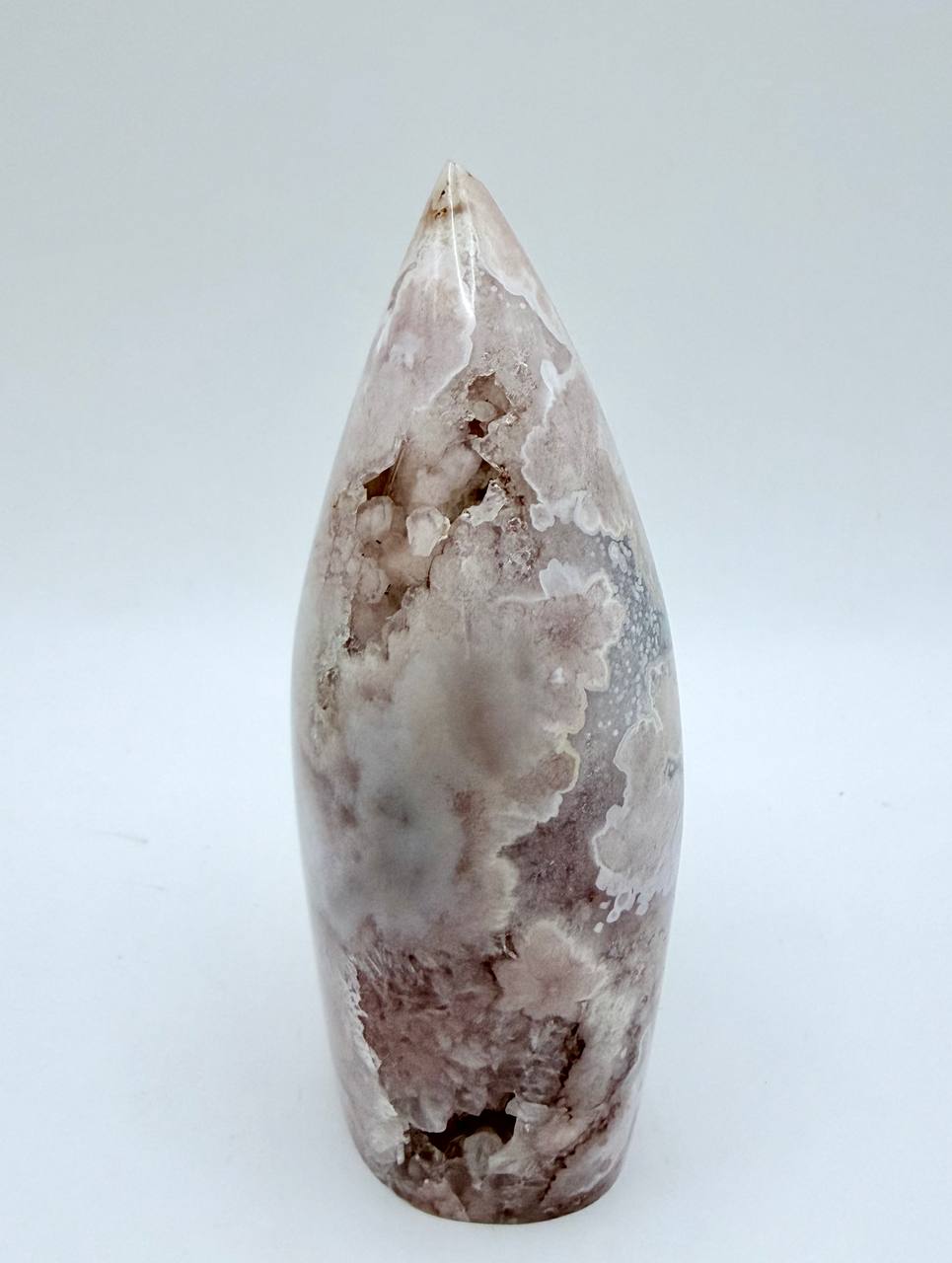 Pink Flower Agate flame back showing druzy pockets