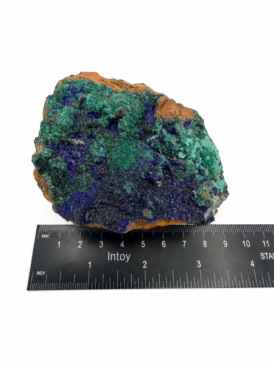 Azurite malachite specimen, royal blue and green copper minerals on custom pin stand