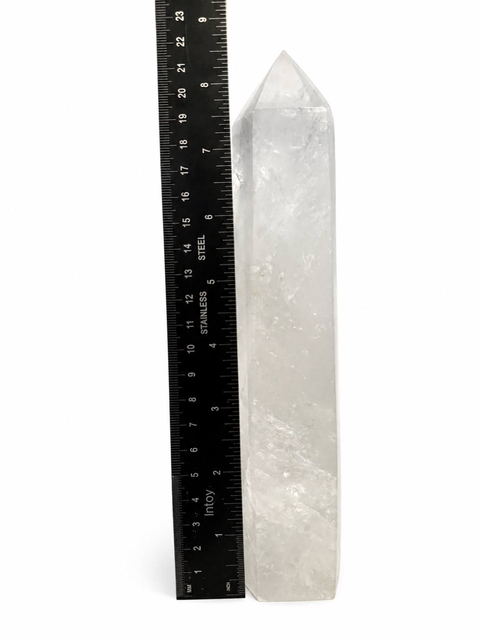 Clear quartz tower, 8.5 inch crystal obelisk with milky base