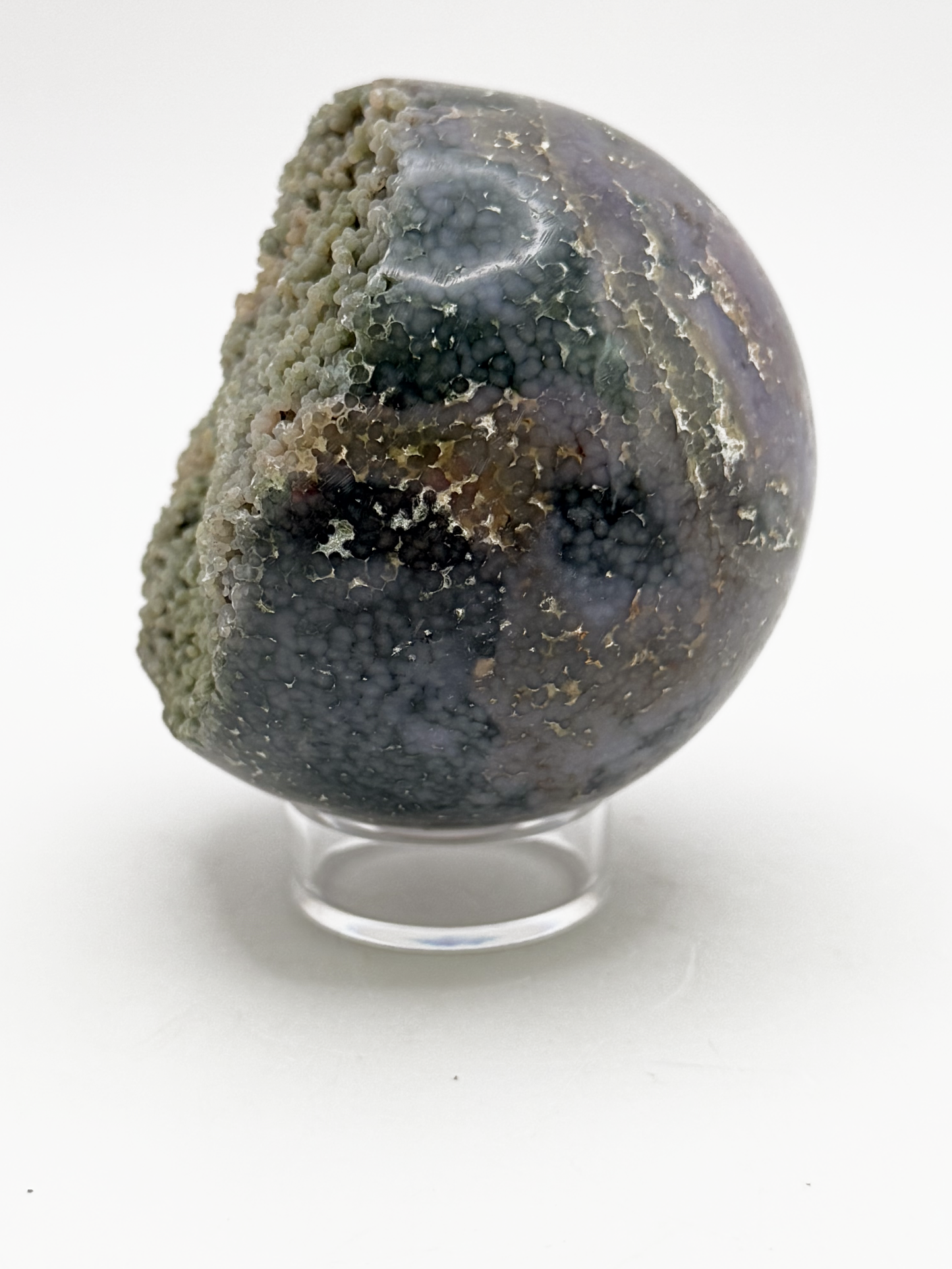 Ocean jasper sphere with raw druzy pocket, green orbicular crystal ball