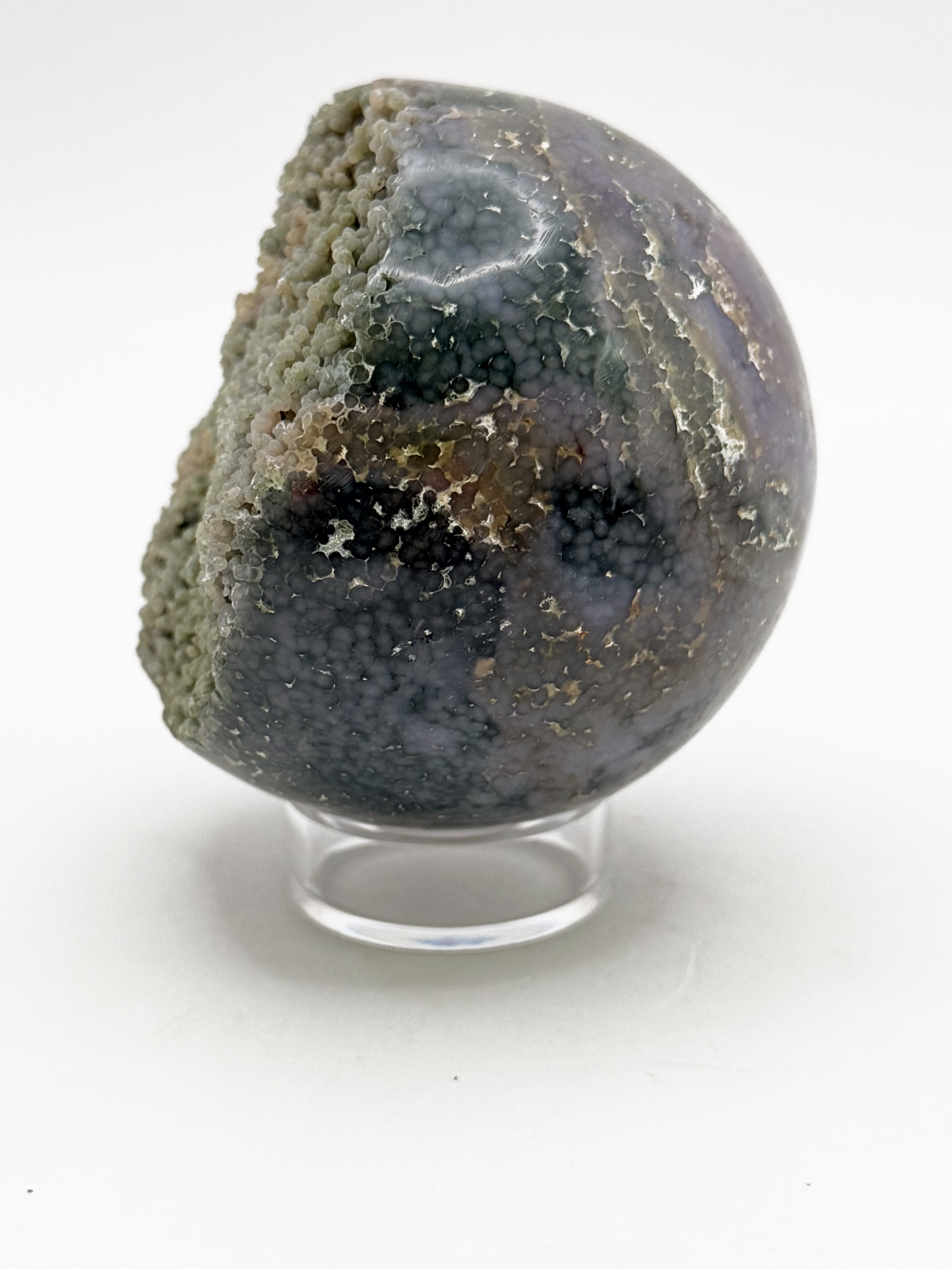 Ocean jasper sphere with raw druzy pocket, green orbicular crystal ball