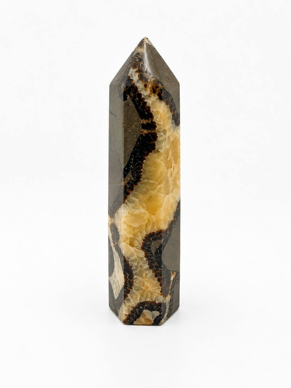 Septarian Dragon Stone Tower, front view showing calcite pattern