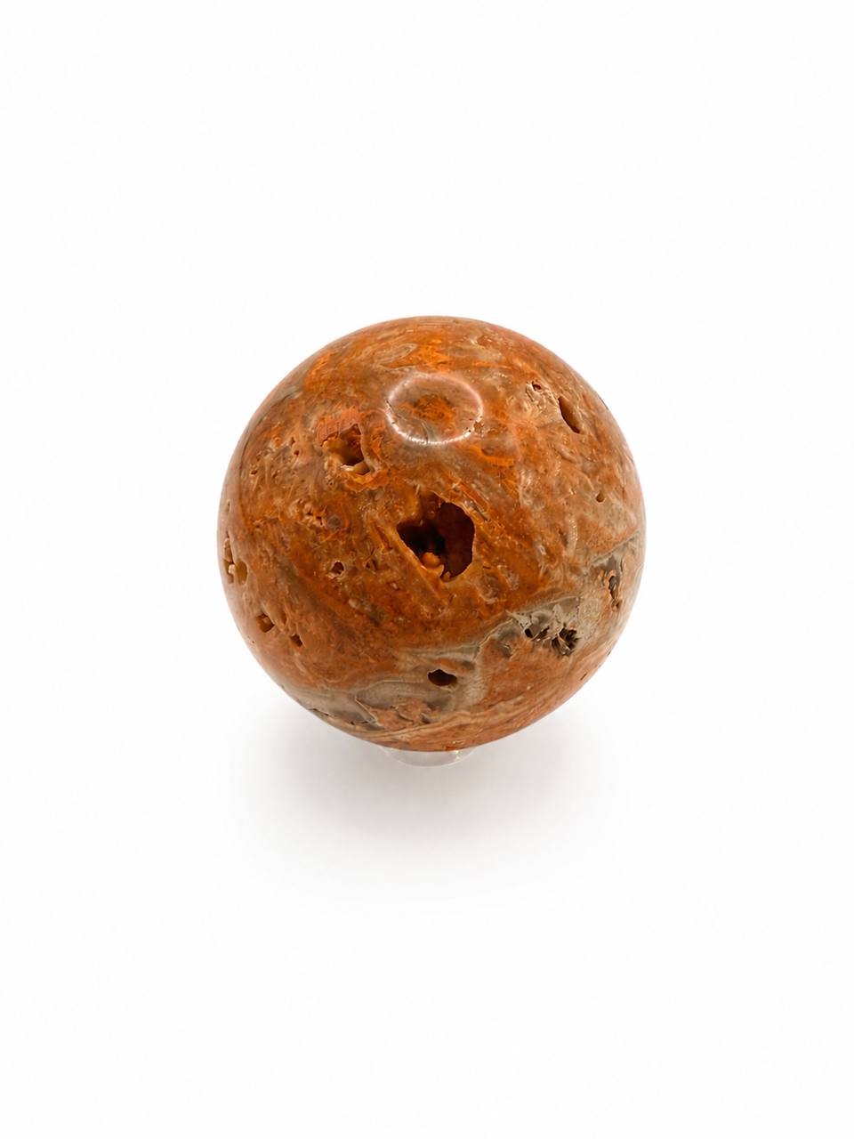 Lace Agate Crystal Sphere, front view with orange and grey banding