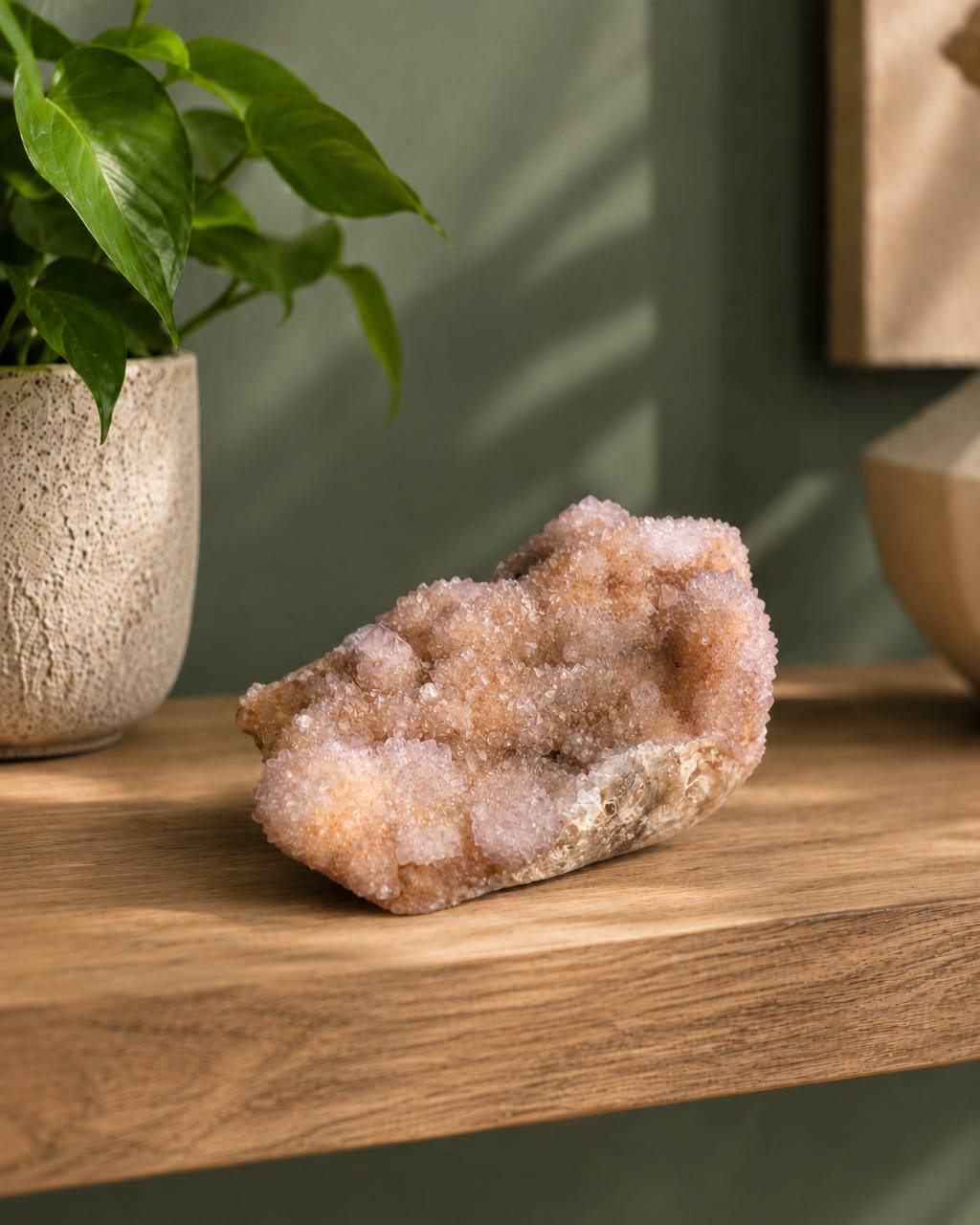 Spirit Quartz Cluster, styled on wooden shelf with plant