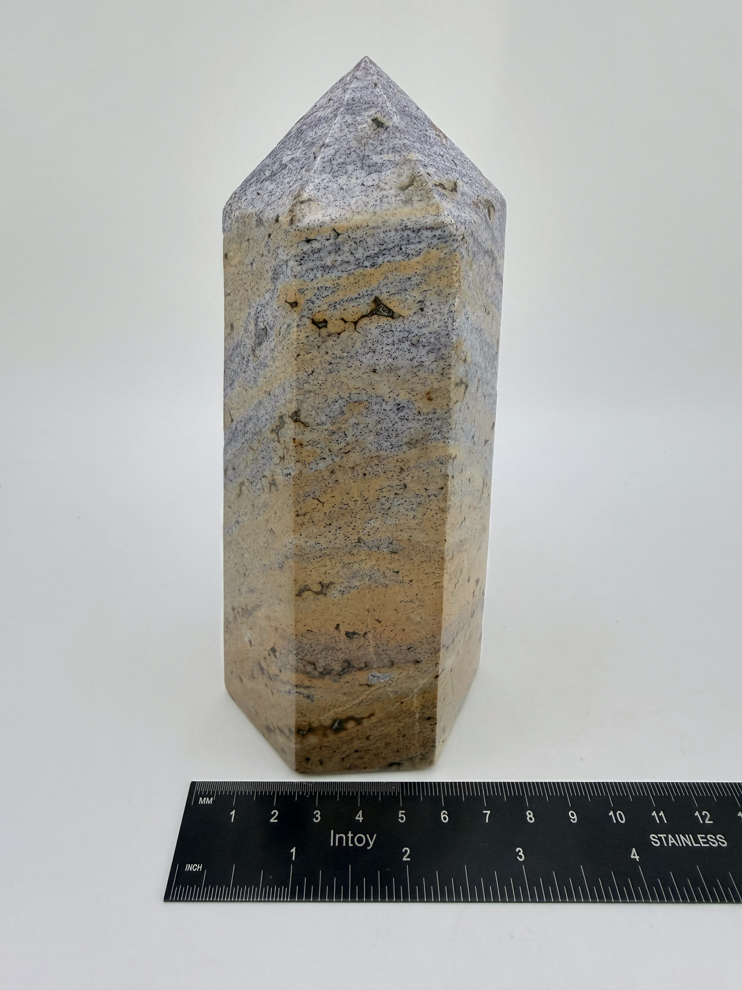 Blue and Tan Banded Jasper Tower, 6 Inch Polished Stone Obelisk in Sand and Soft Blue, 2 Pound State