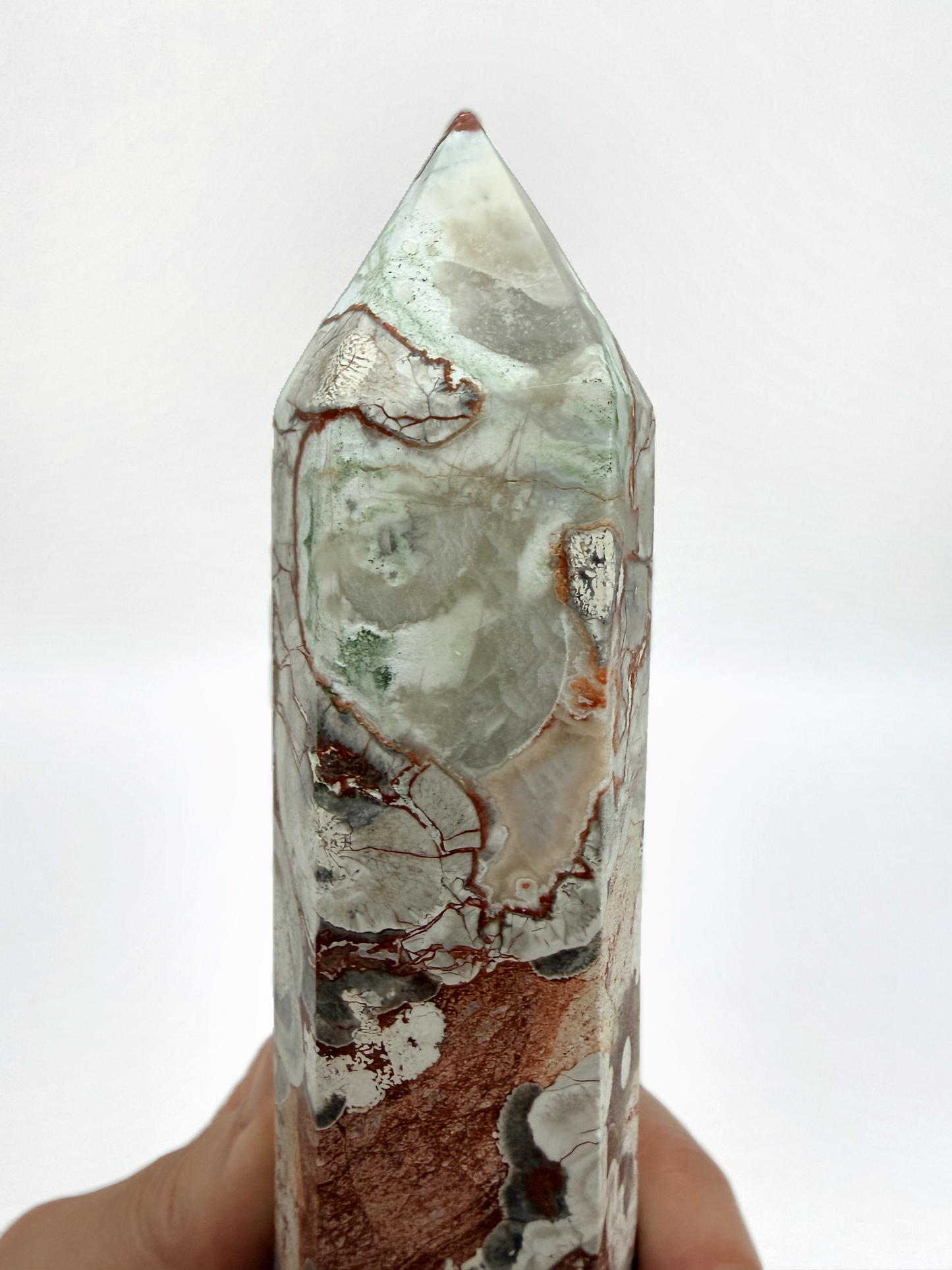 Money Agate Tower, Red and Cream Brecciated Agate Crystal Point, 9 Inch Polished Obelisk with Orbicular Eyes