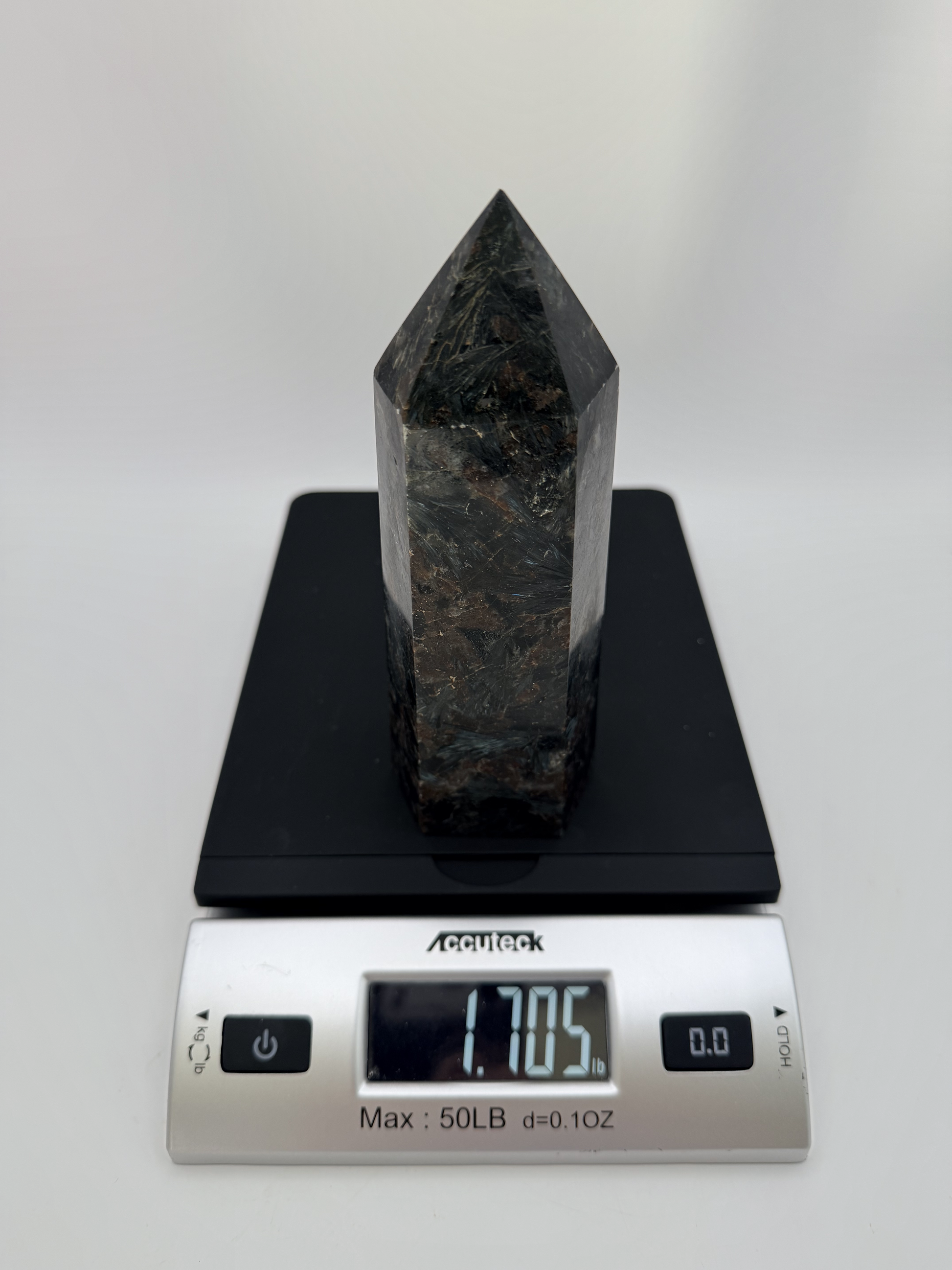 Arfvedsonite Tower with Garnet, Firework Stone Obelisk with Silver Blue Flash, 1.7 Pound Polished Cr