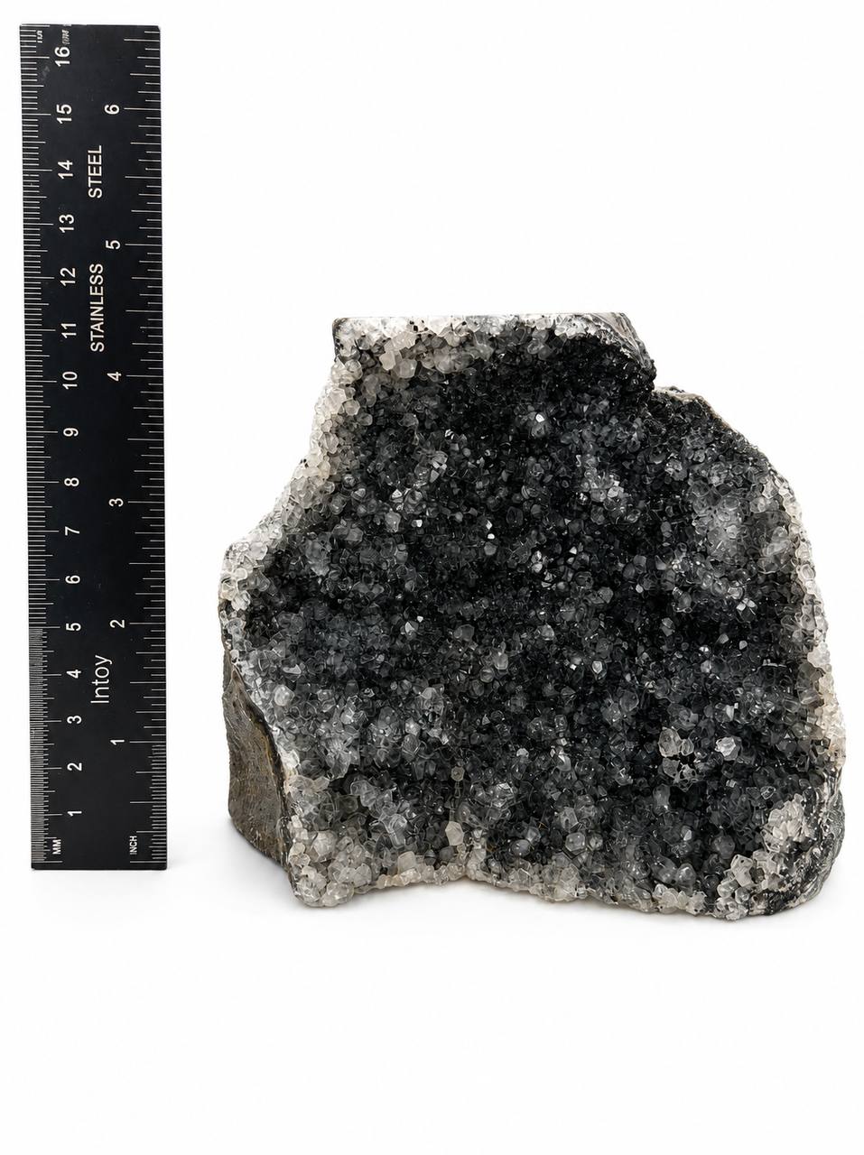 Black amethyst druzy cluster, self standing, charcoal grey crystals with white rim