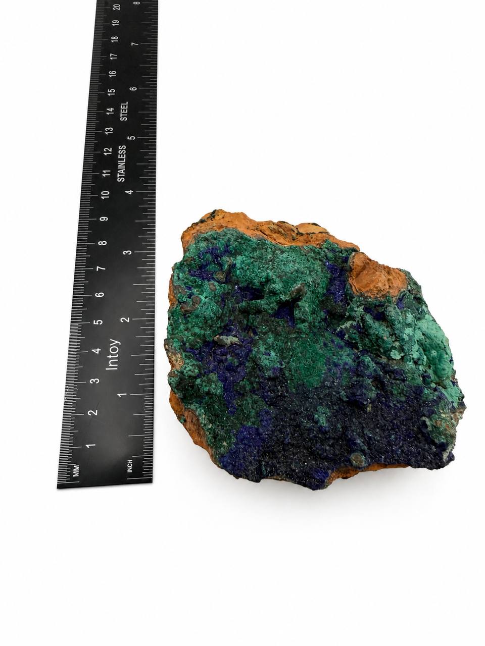 Azurite malachite specimen, royal blue and green copper minerals on custom pin stand