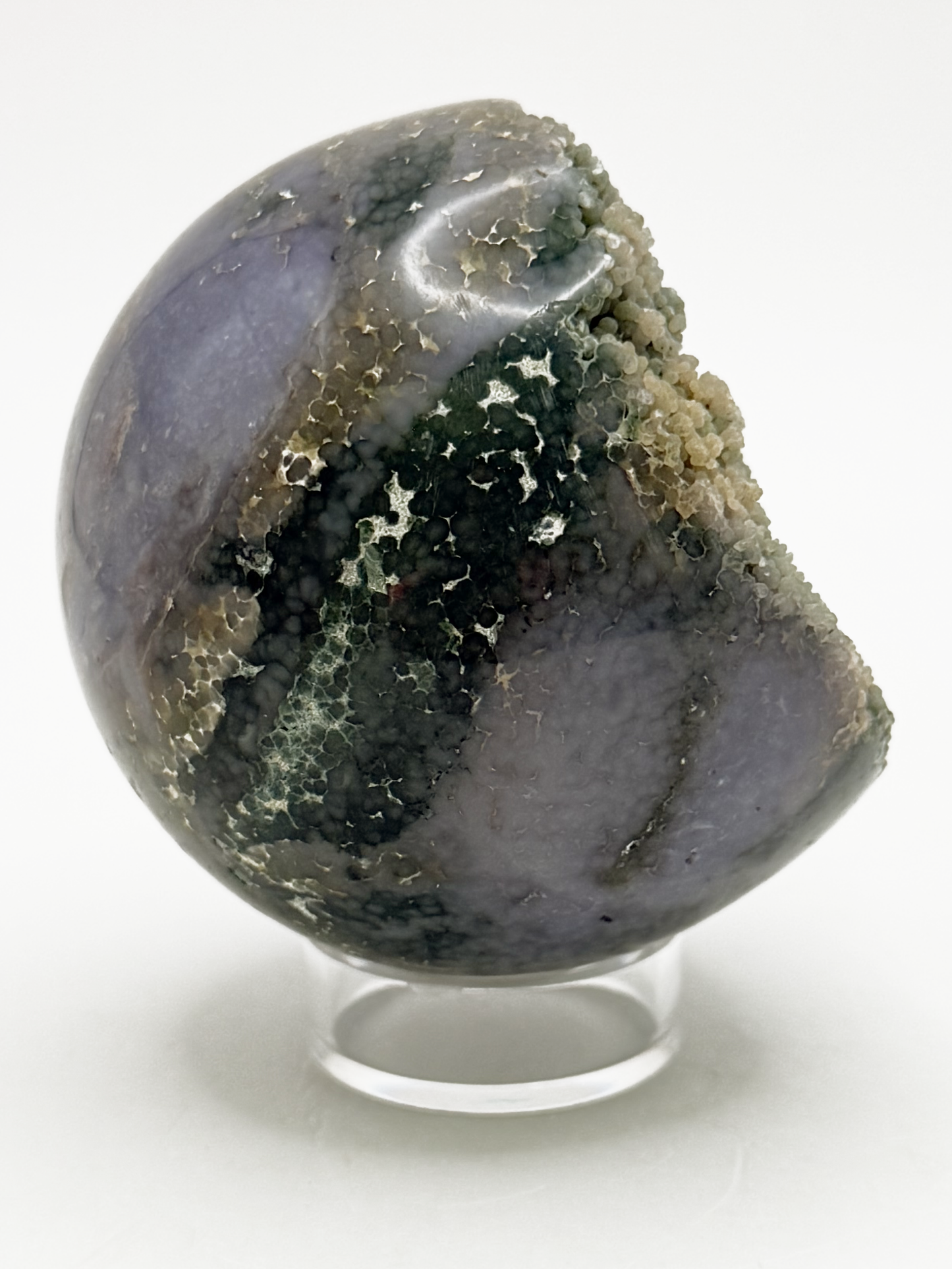 Ocean jasper sphere with raw druzy pocket, green orbicular crystal ball