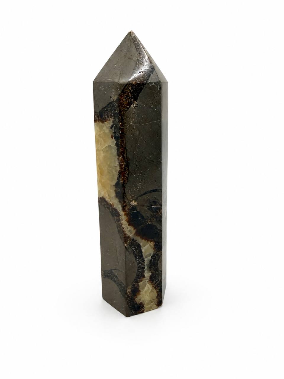 Septarian Dragon Stone Tower, back view showing aragonite detail