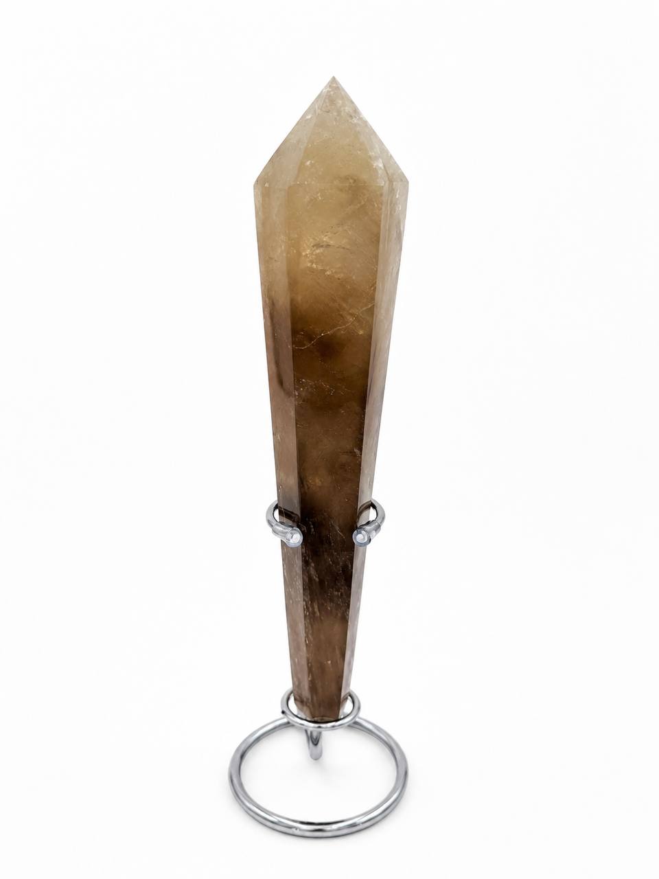 Smoky Quartz Crystal Wand with Stand, front view on white background