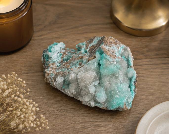 Raw Hemimorphite Crystal Specimen on Matrix. Natural Teal and White Druzy Mineral, 3 x 4 Inch, 9.5 oz