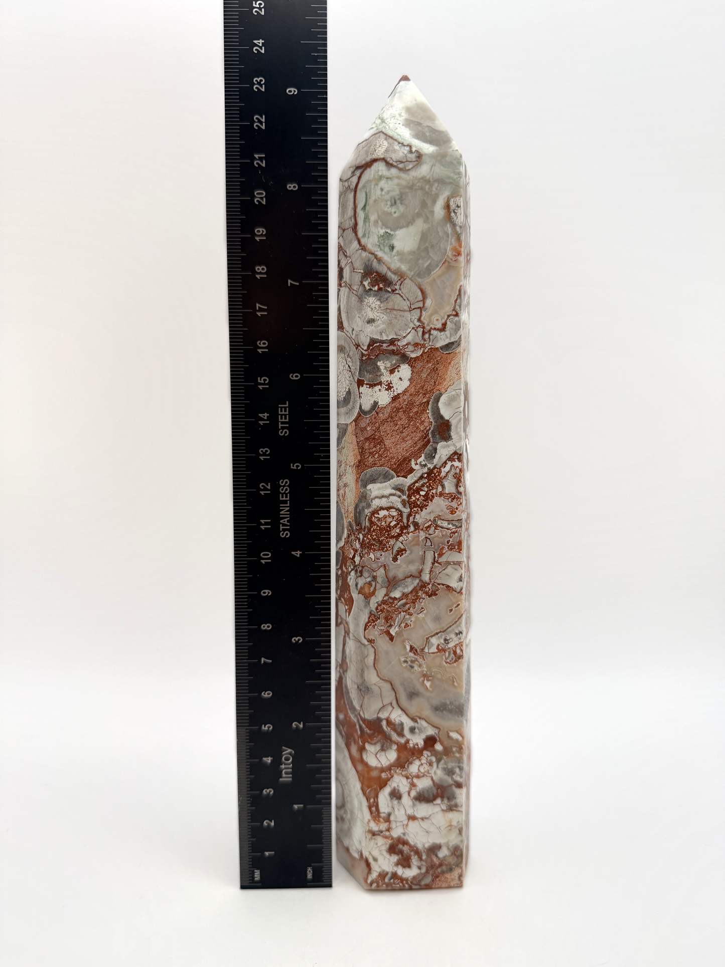 Money Agate Tower, Red and Cream Brecciated Agate Crystal Point, 9 Inch Polished Obelisk with Orbicular Eyes