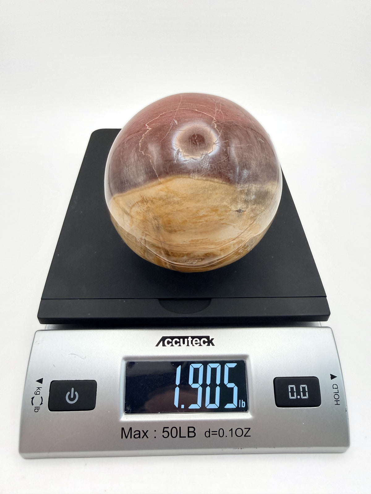 Petrified wood sphere, gold and red