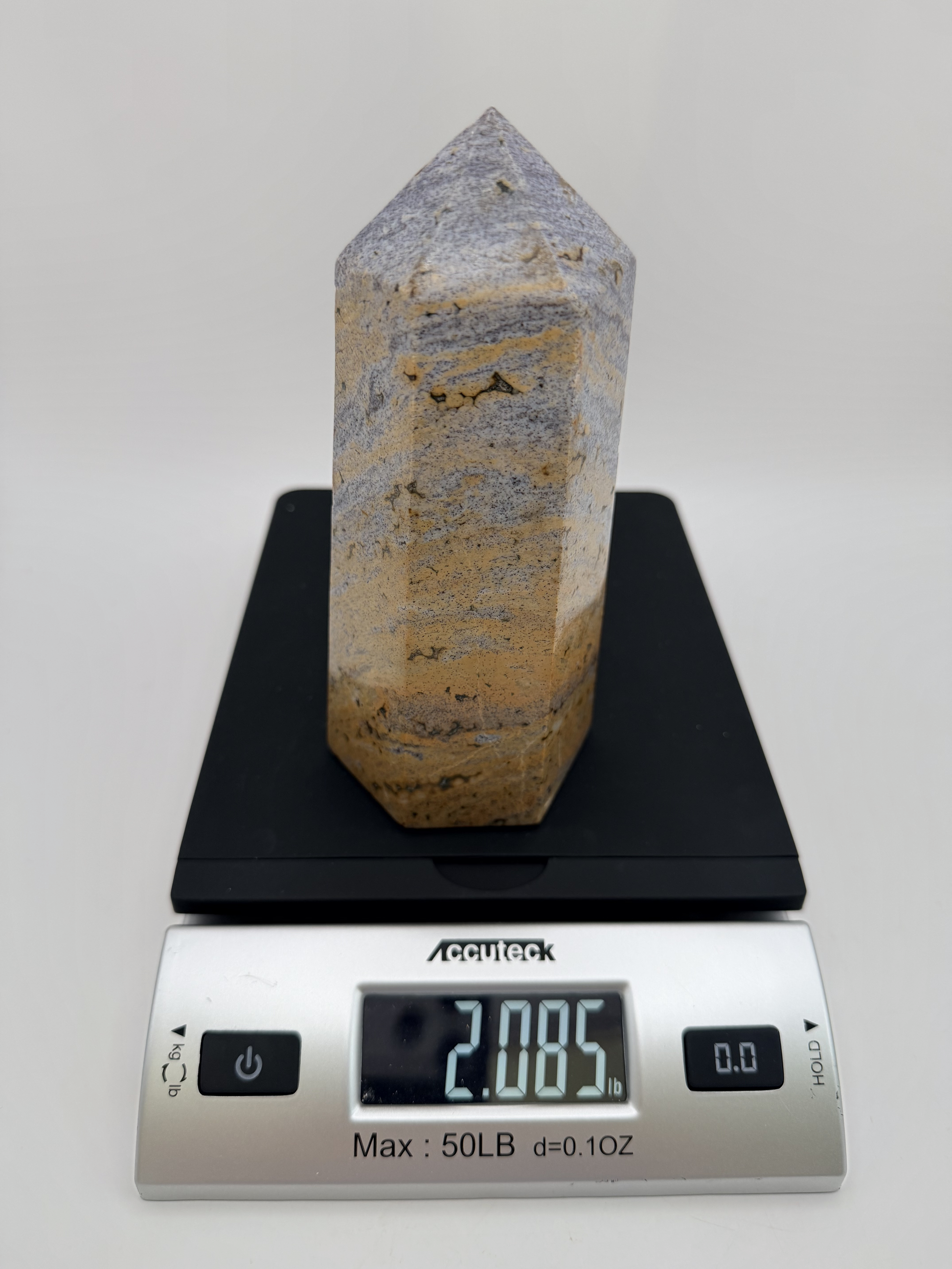 Blue and Tan Banded Jasper Tower, 6 Inch Polished Stone Obelisk in Sand and Soft Blue, 2 Pound State