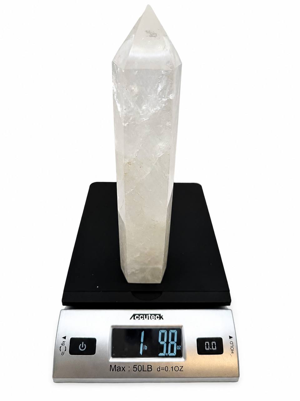 Clear quartz tower, 8.5 inch crystal obelisk with milky base