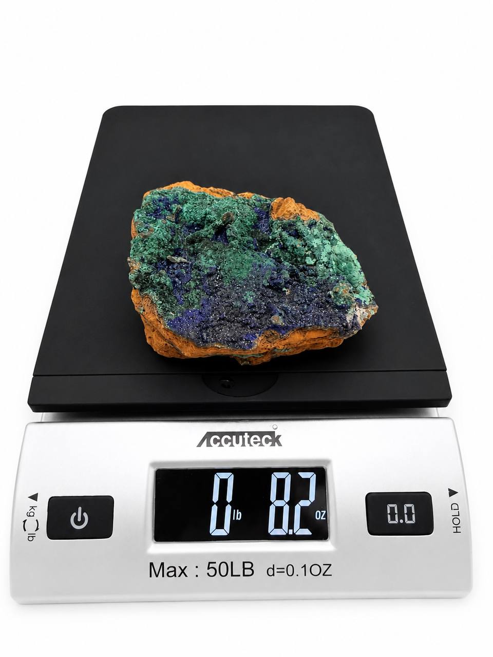 Azurite malachite specimen, royal blue and green copper minerals on custom pin stand