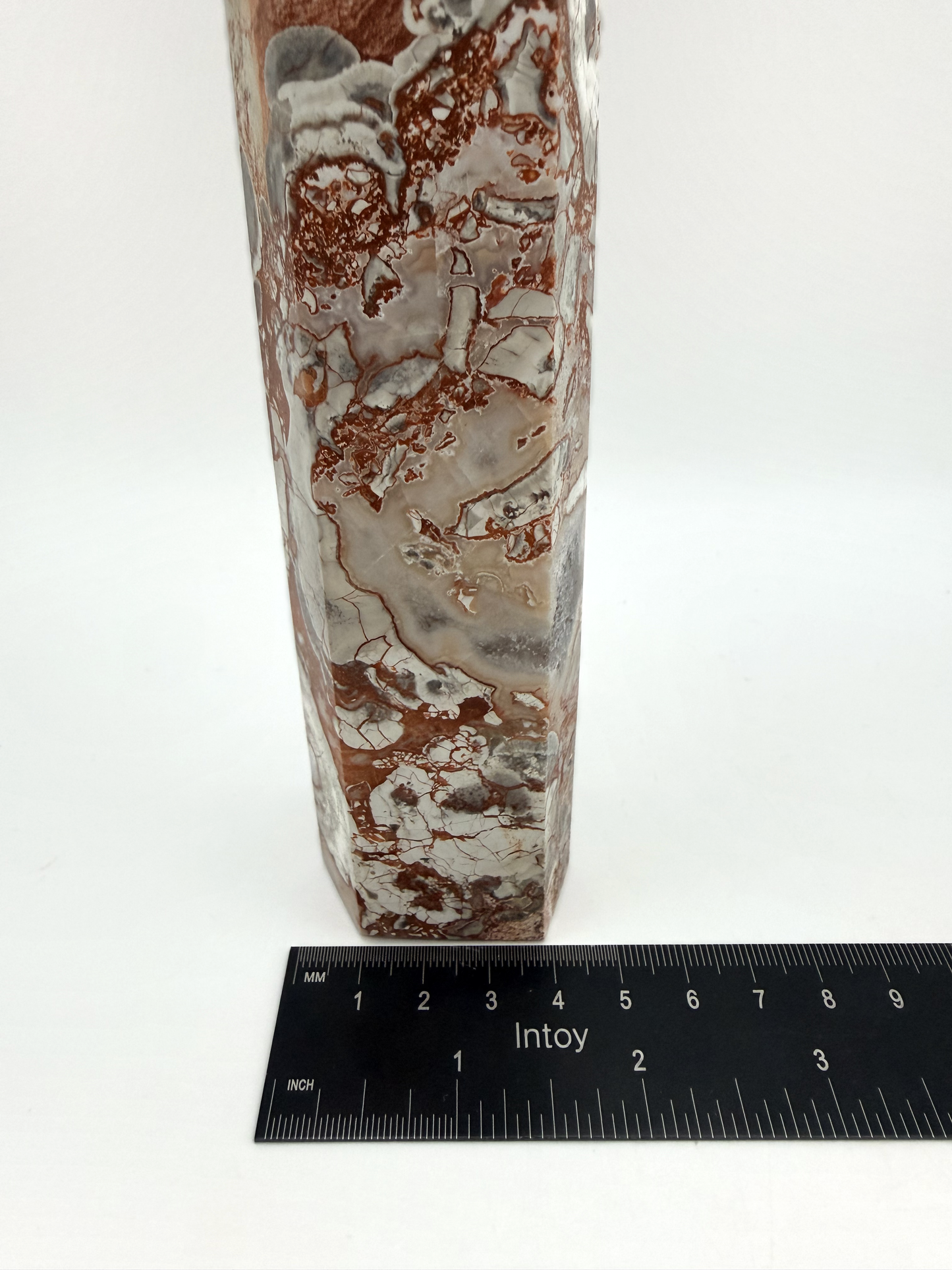 Money Agate Tower, Red and Cream Brecciated Agate Crystal Point, 9 Inch Polished Obelisk with Orbicular Eyes