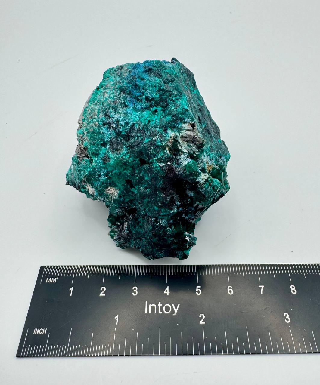 Dioptase crystal specimen side view with ruler for scale